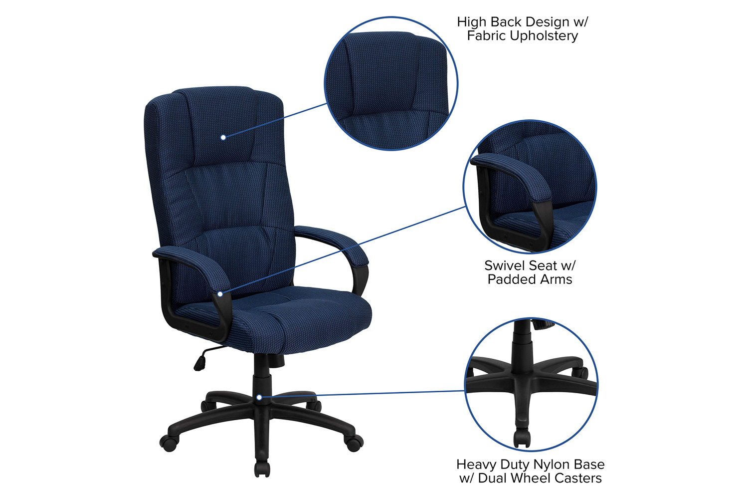 BLNK Rochelle Fabric High-Back Executive Swivel Office Chair with Arms - Blue