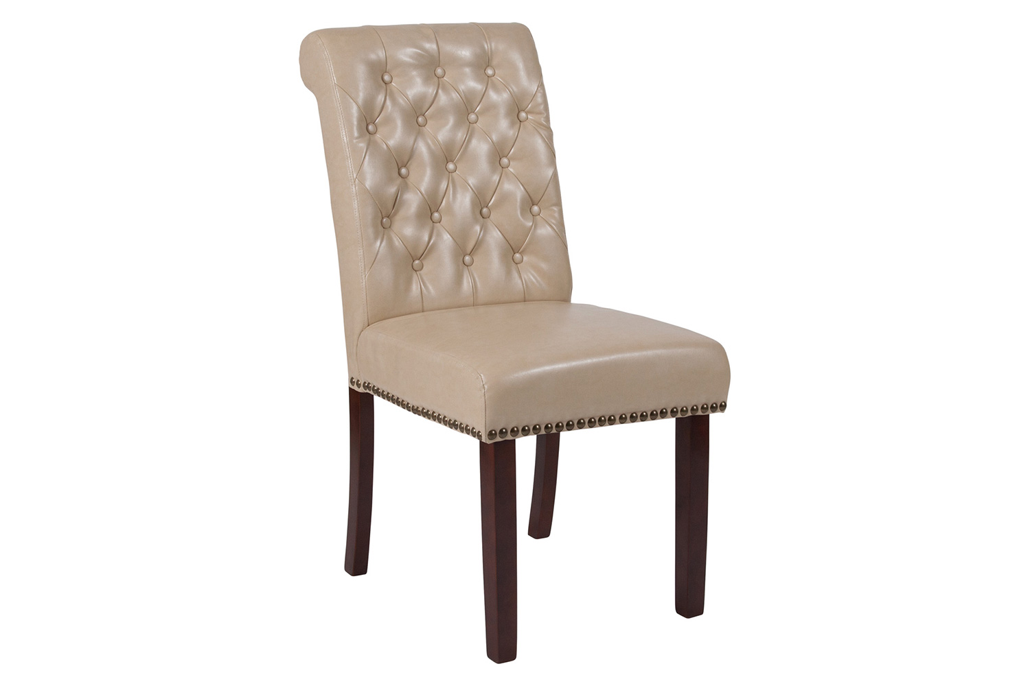 BLNK HERCULES Series LeatherSoft Parsons Chair with Rolled Back, Accent Nail Trim and Walnut Finish - Beige
