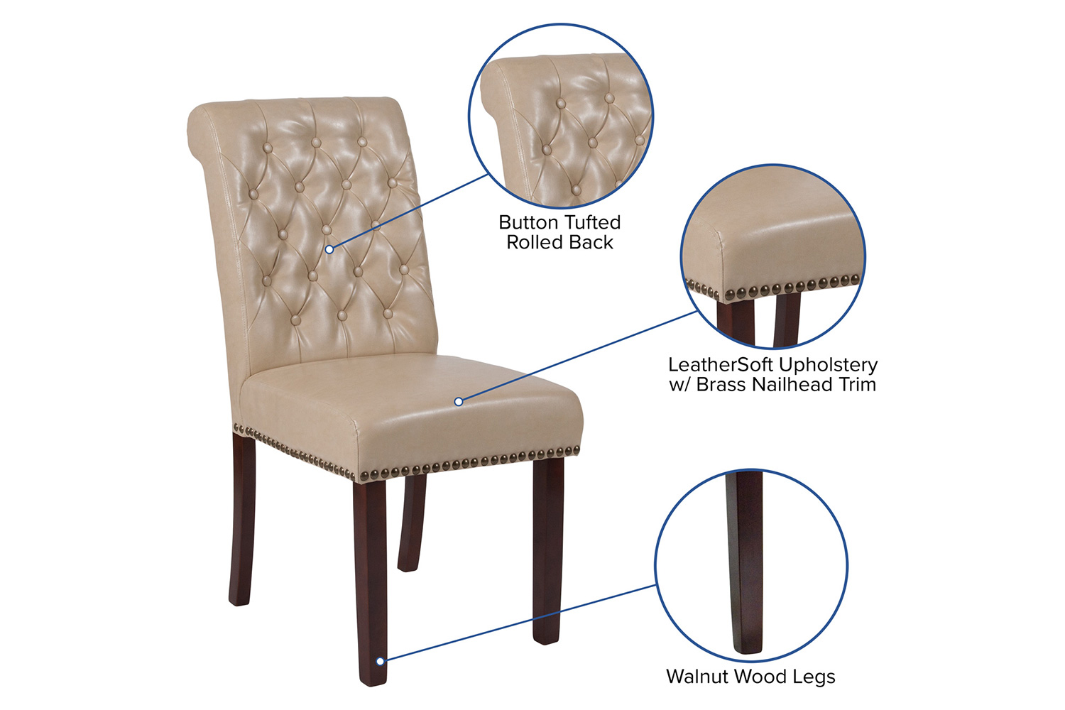 BLNK HERCULES Series LeatherSoft Parsons Chair with Rolled Back, Accent Nail Trim and Walnut Finish - Beige