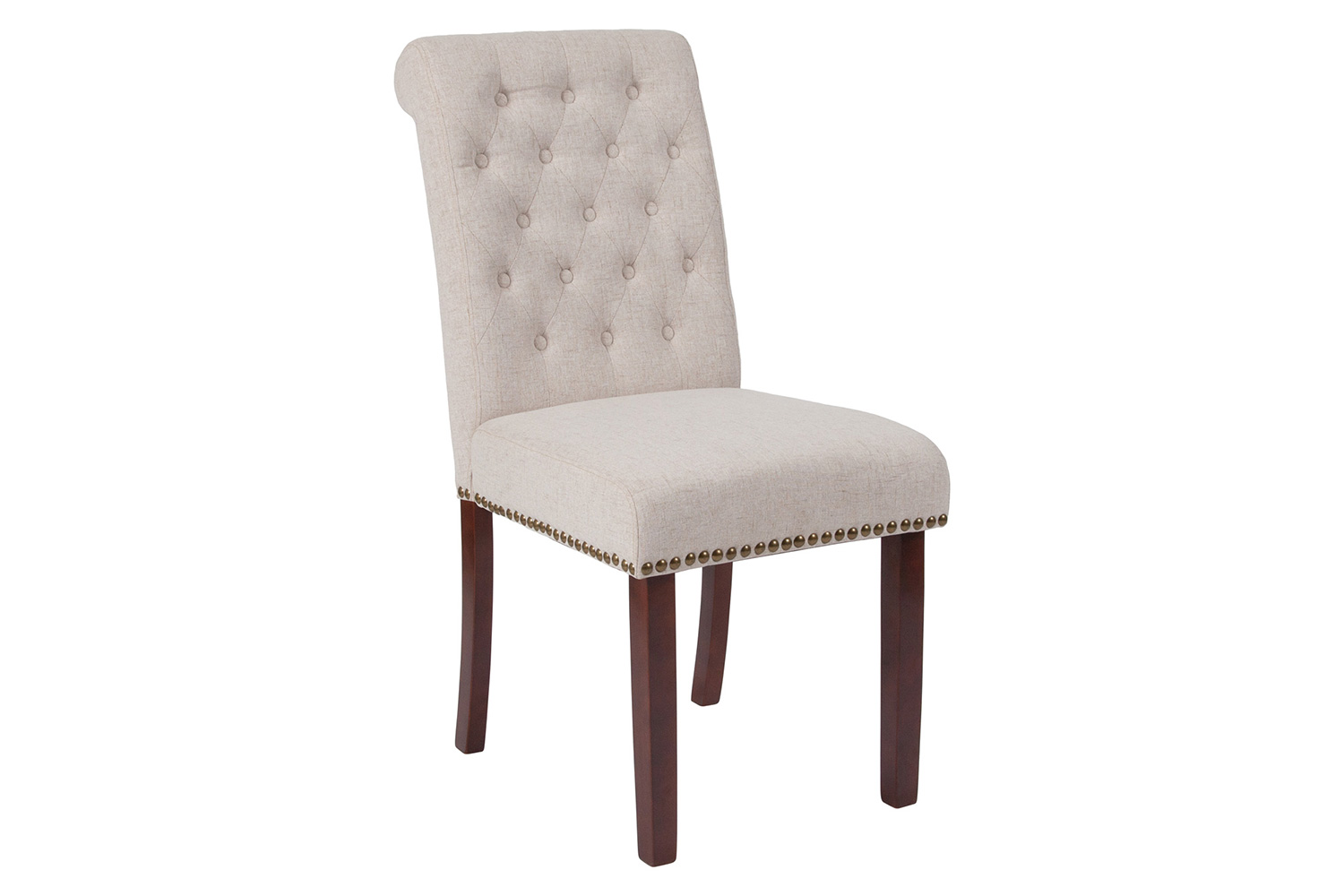BLNK HERCULES Series Fabric Parsons Chair with Rolled Back, Accent Nail Trim and Walnut Finish - Beige