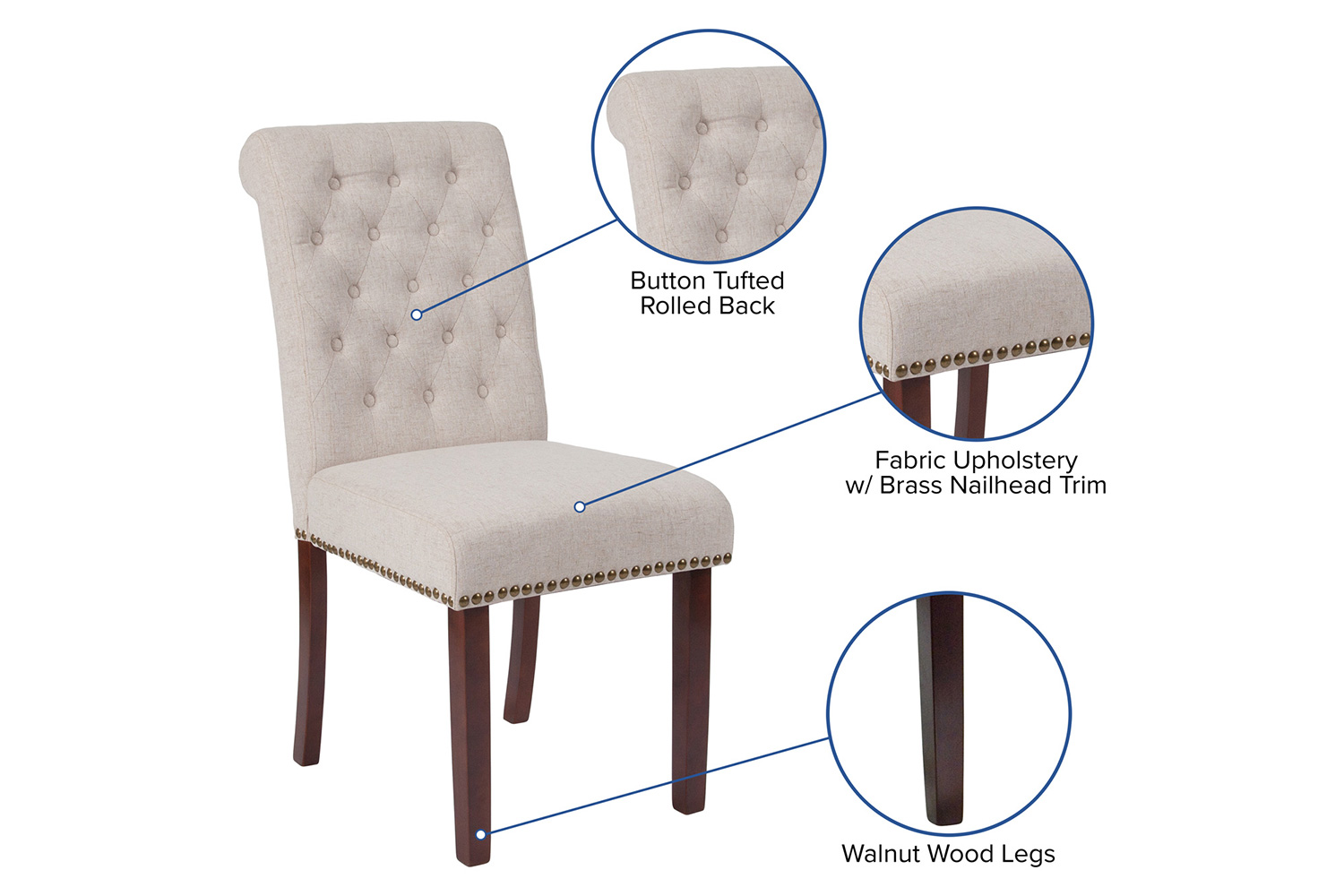 BLNK HERCULES Series Fabric Parsons Chair with Rolled Back, Accent Nail Trim and Walnut Finish - Beige