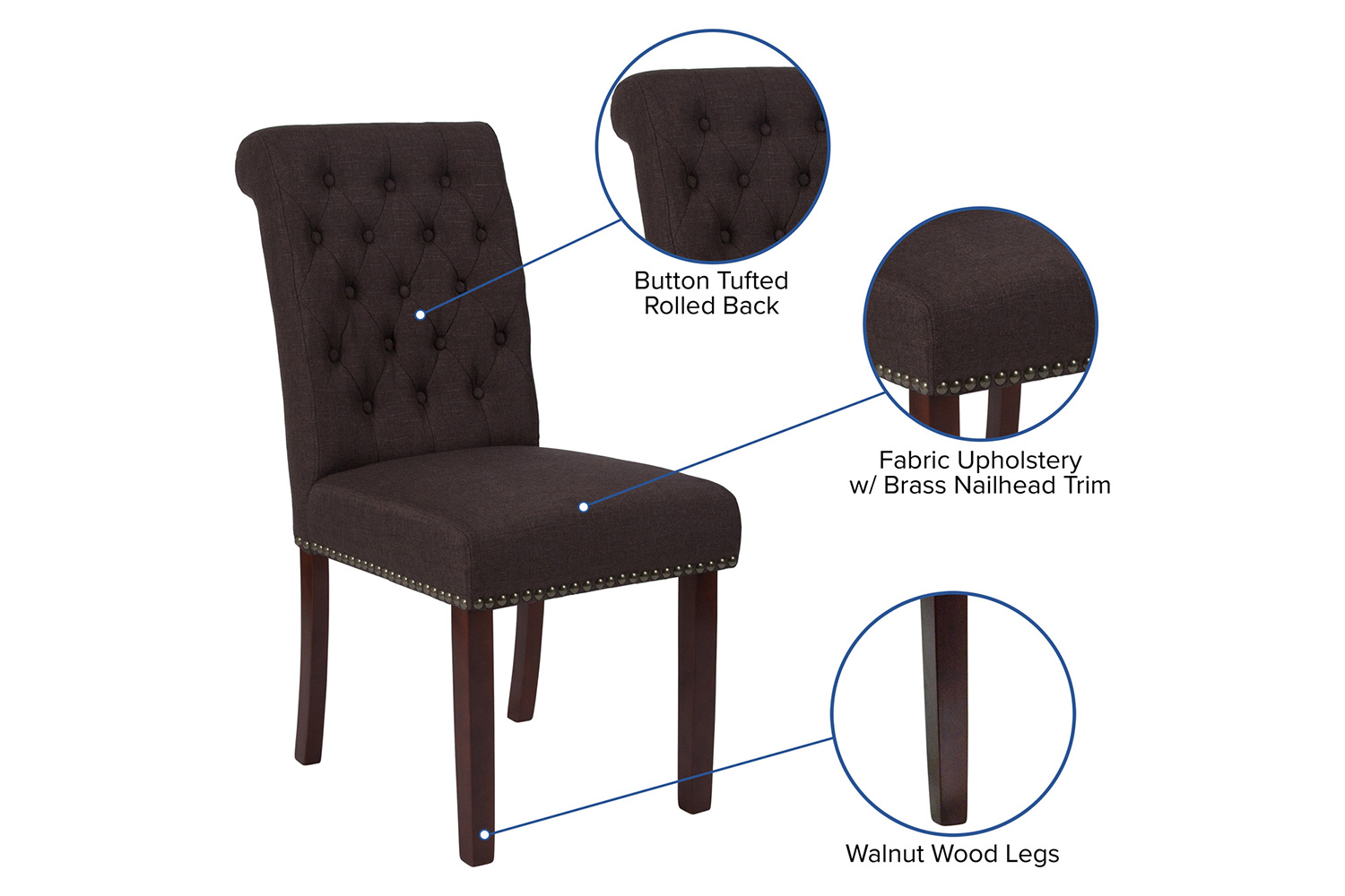 BLNK HERCULES Series Fabric Parsons Chair with Rolled Back, Accent Nail Trim and Walnut Finish - Brown