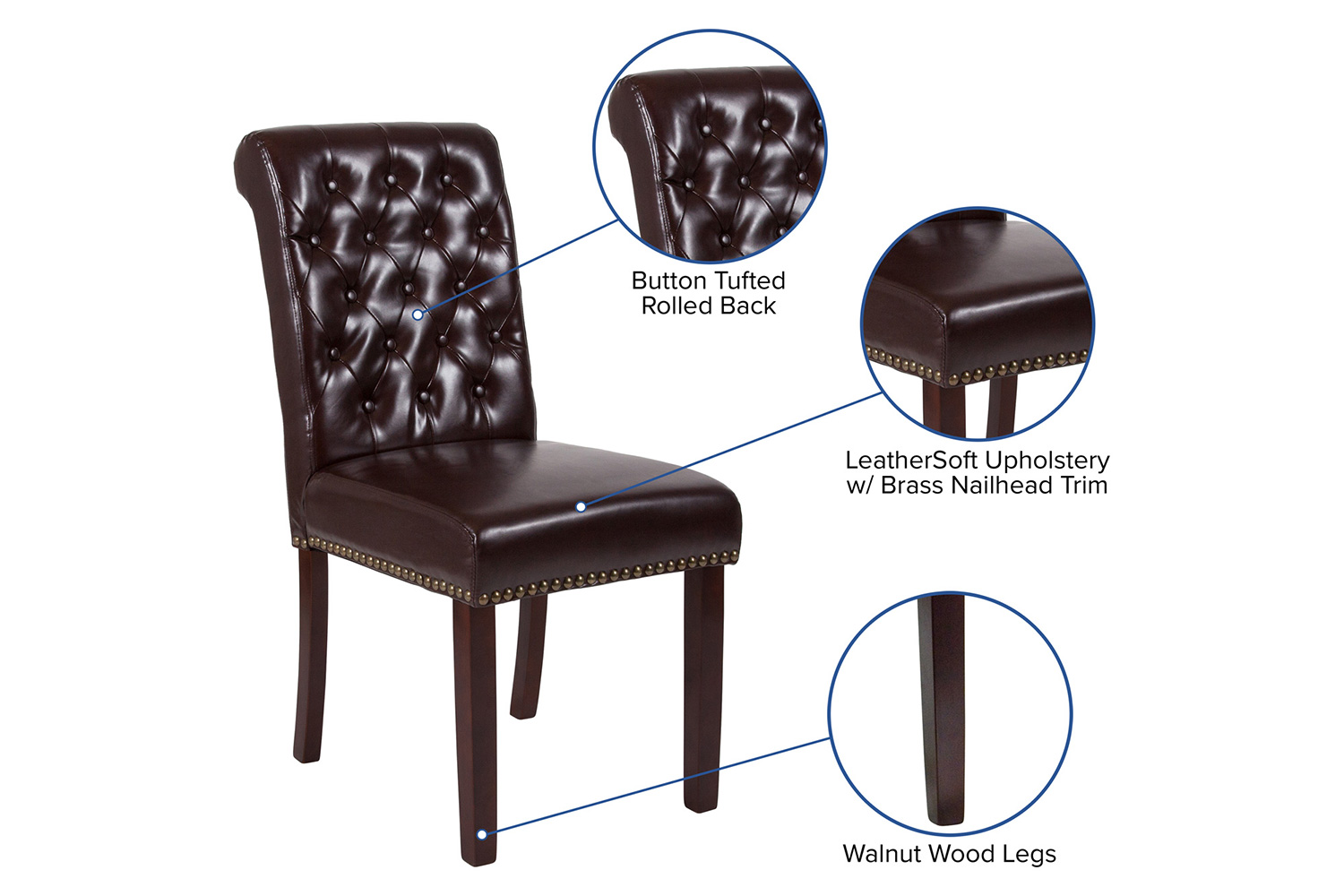 BLNK HERCULES Series LeatherSoft Parsons Chair with Rolled Back, Accent Nail Trim and Walnut Finish - Brown