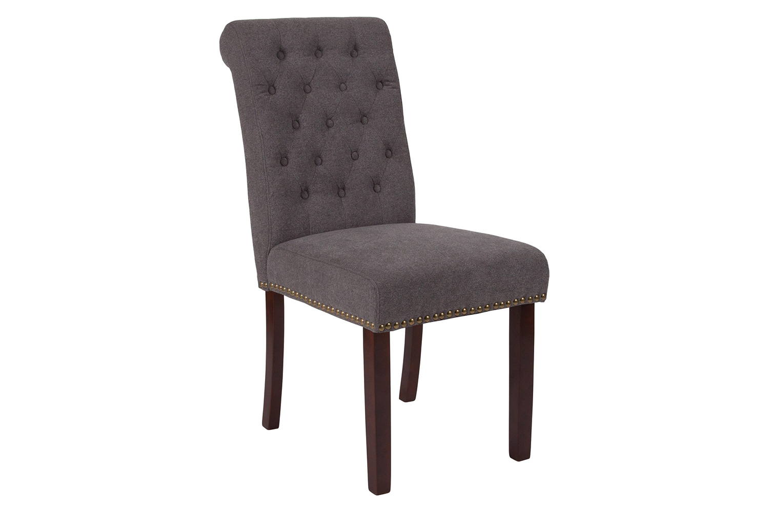 BLNK HERCULES Series Fabric Parsons Chair with Rolled Back, Accent Nail Trim and Walnut Finish - Dark Gray