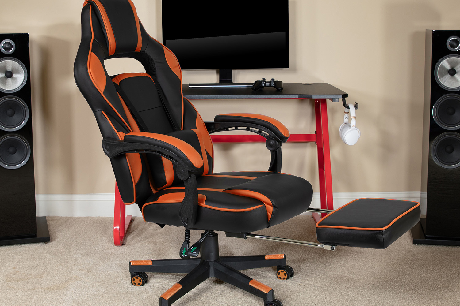 BLNK X40 Gaming Racing Ergonomic Computer Chair with Fully Reclining Back/Arms, Slide-Out Footrest, Massaging Lumbar - Black/Orange