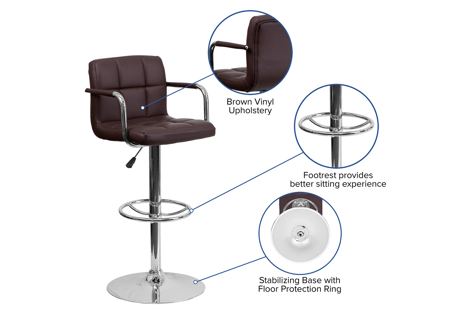 BLNK Genna Quilted Vinyl Adjustable Height Bar Stool with Arms and Chrome Base - Brown