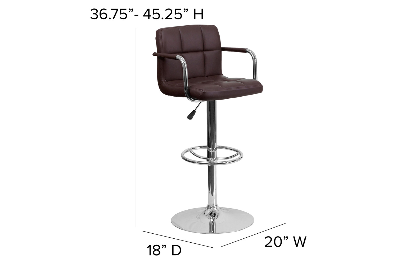 BLNK Genna Quilted Vinyl Adjustable Height Bar Stool with Arms and Chrome Base - Brown