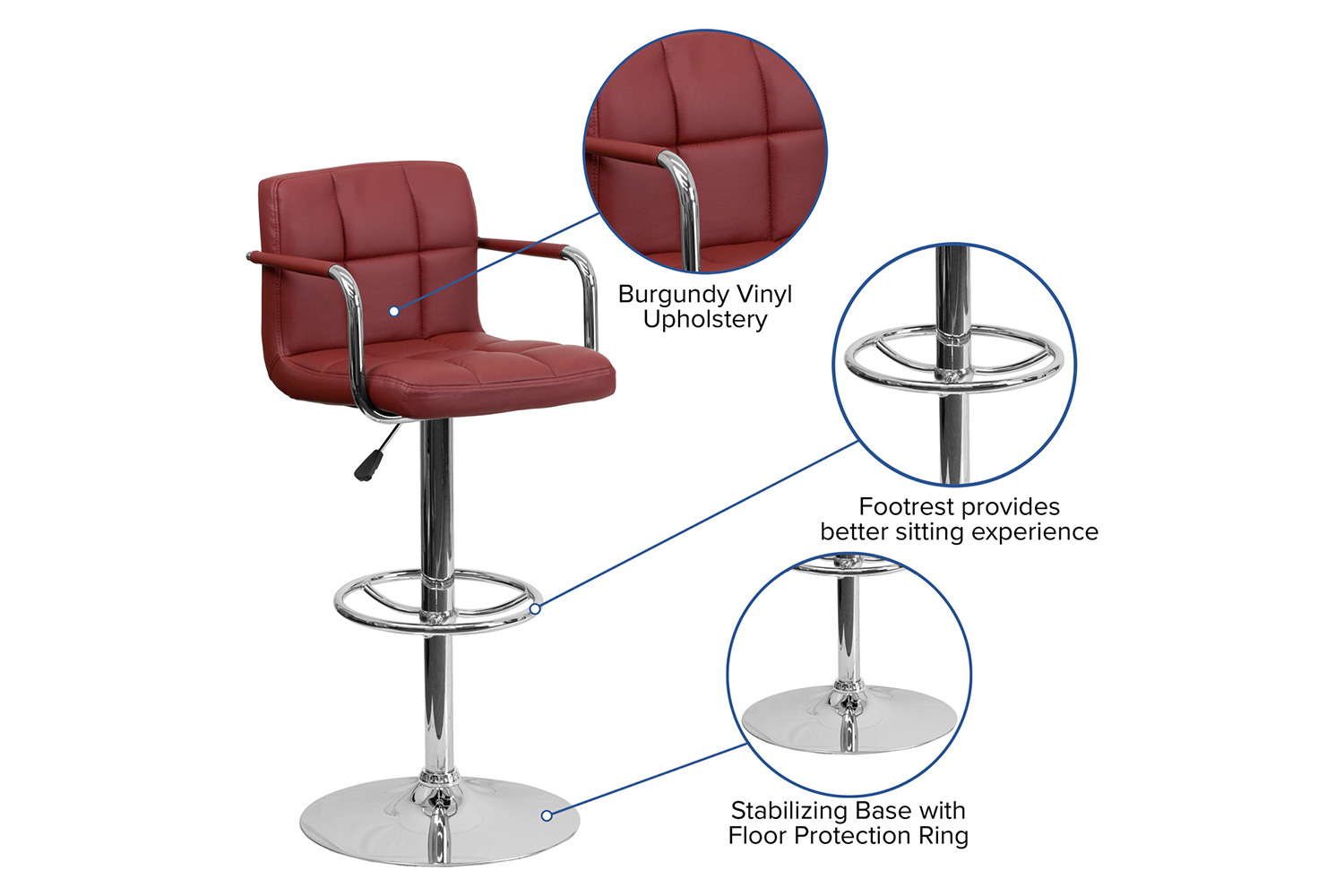 BLNK Genna Quilted Vinyl Adjustable Height Bar Stool with Arms and Chrome Base - Burgundy