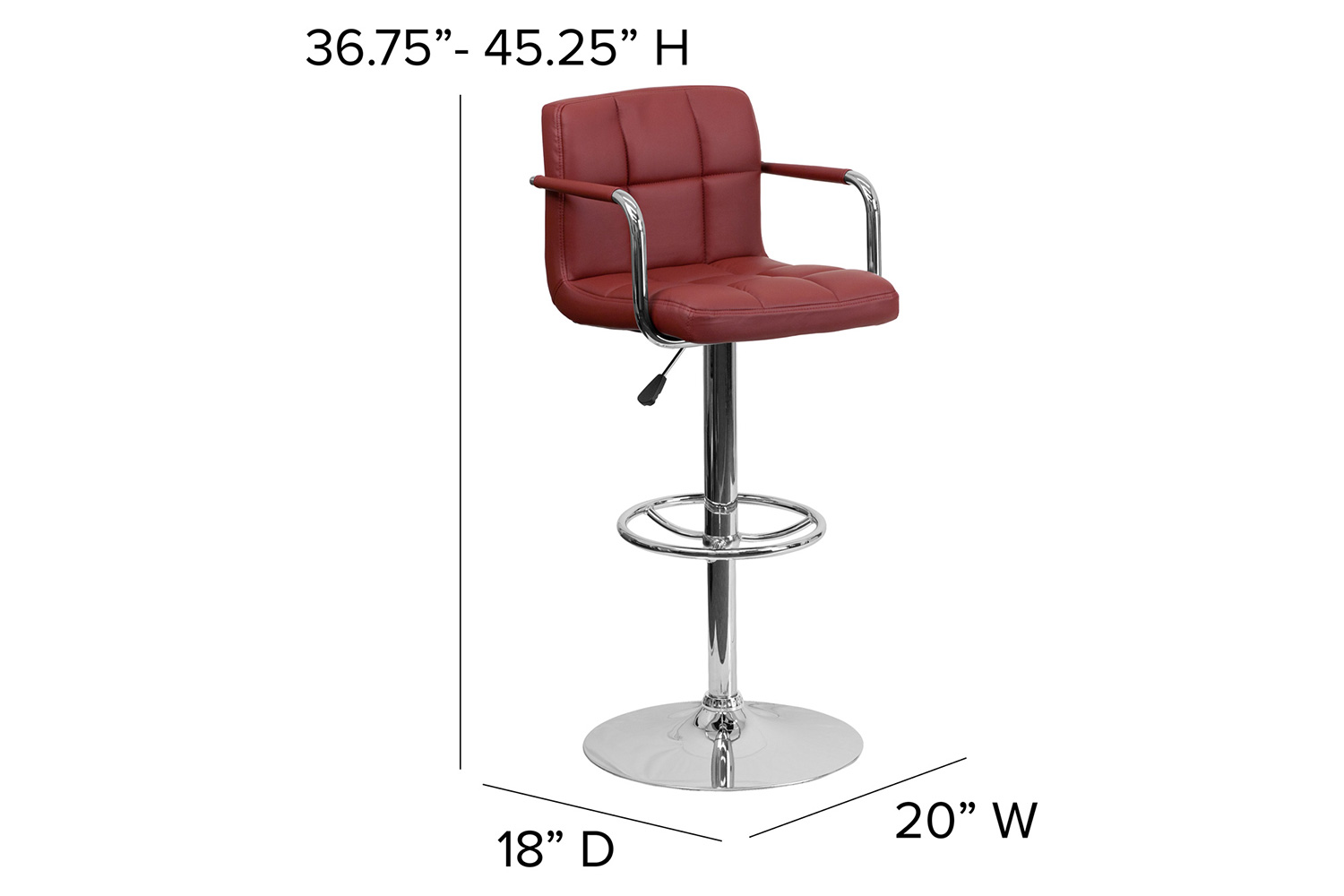 BLNK Genna Quilted Vinyl Adjustable Height Bar Stool with Arms and Chrome Base - Burgundy