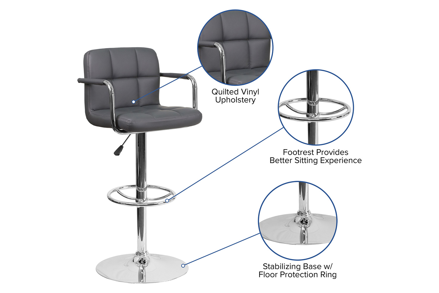 BLNK Genna Quilted Vinyl Adjustable Height Bar Stool with Arms and Chrome Base - Gray