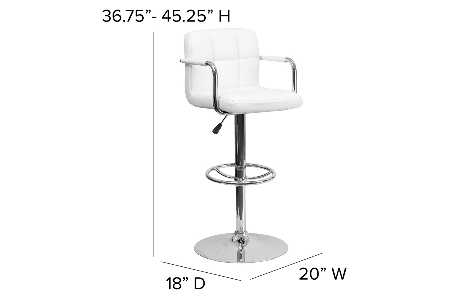 BLNK Genna Quilted Vinyl Adjustable Height Bar Stool with Arms and Chrome Base - White