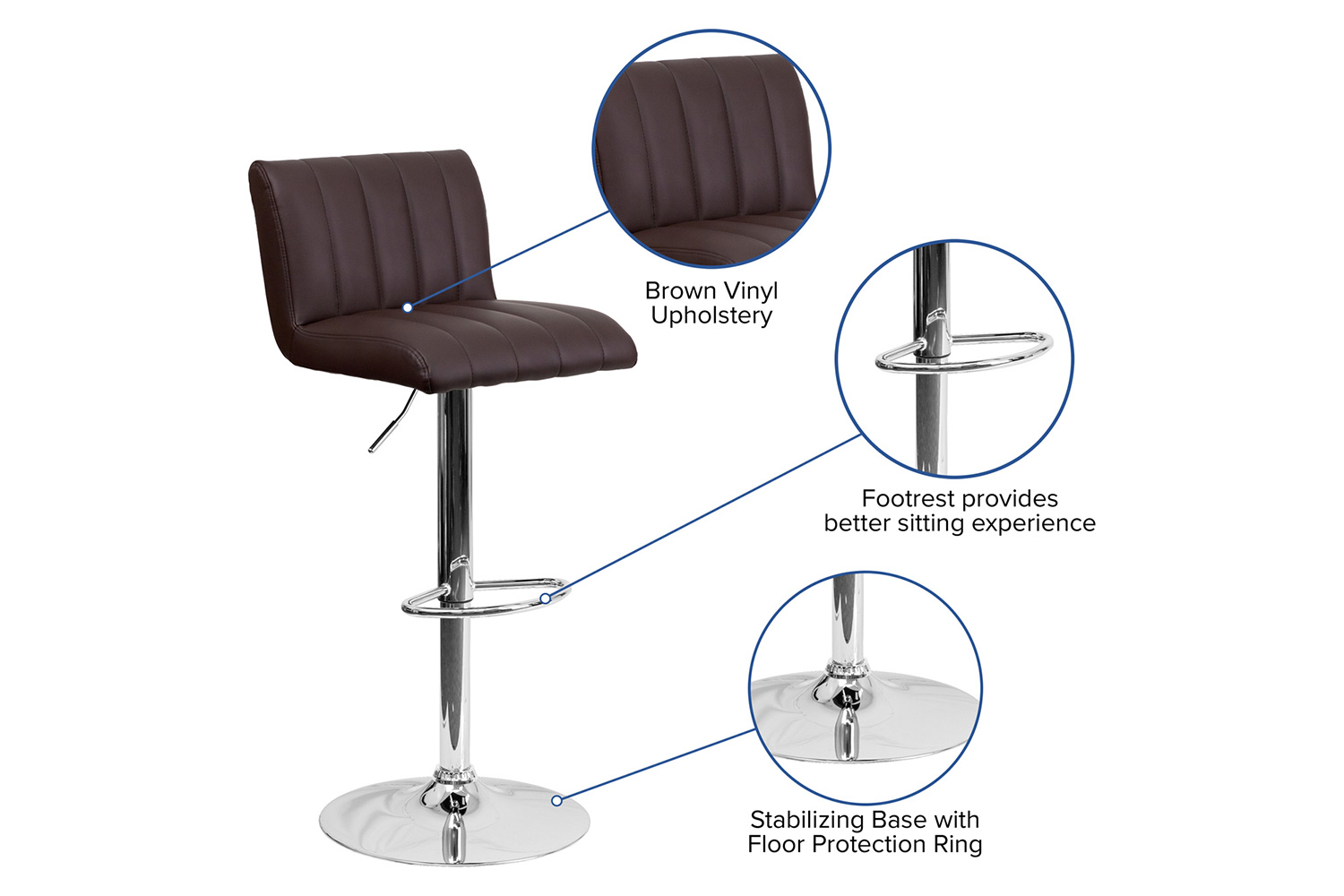 BLNK - Contemporary Vinyl Adjustable Height Bar Stool with Vertical Stitch Back/Seat and Chrome Base