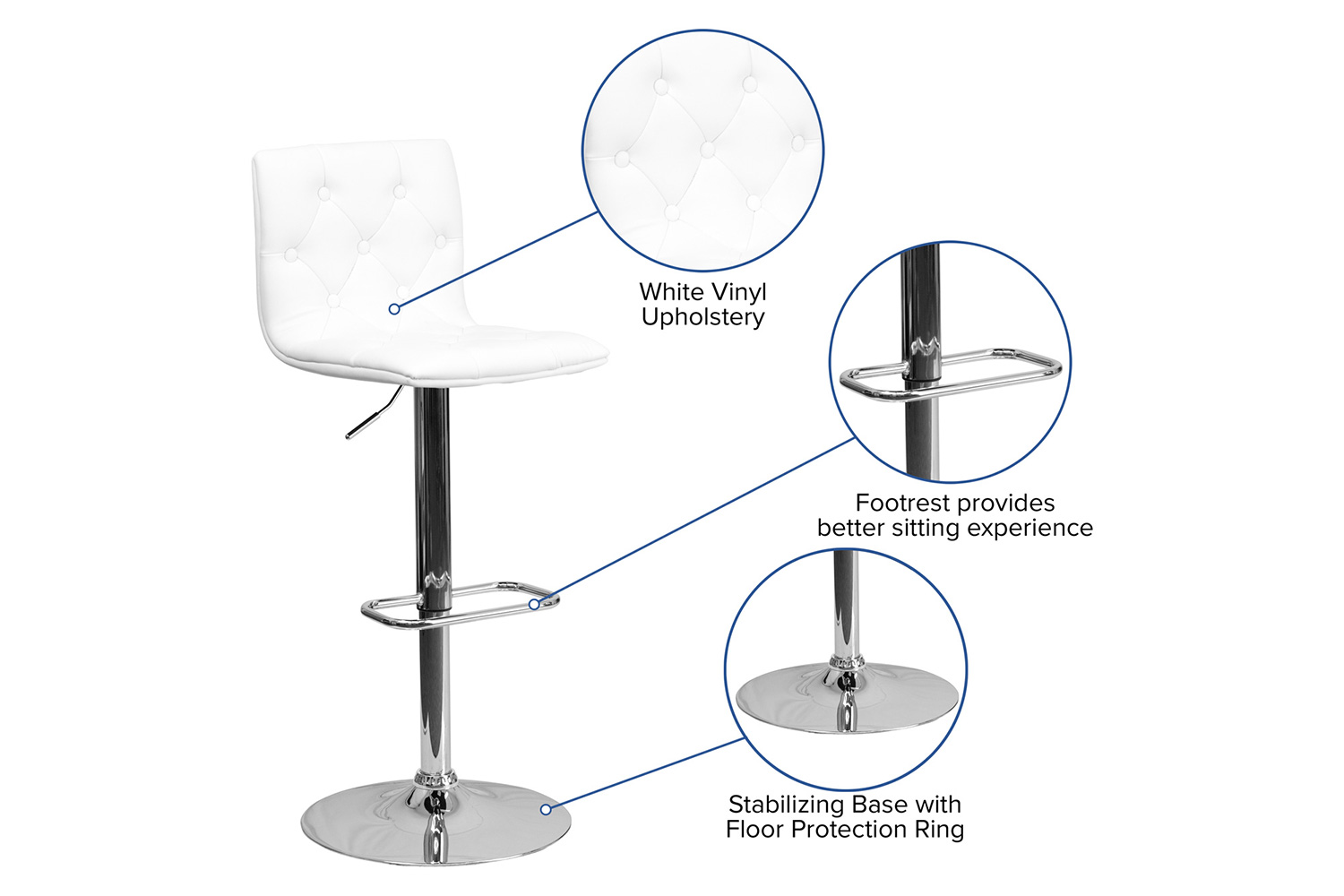 BLNK Sammie Vinyl Button Tufted Adjustable Height Bar Stool with Chrome Base - White