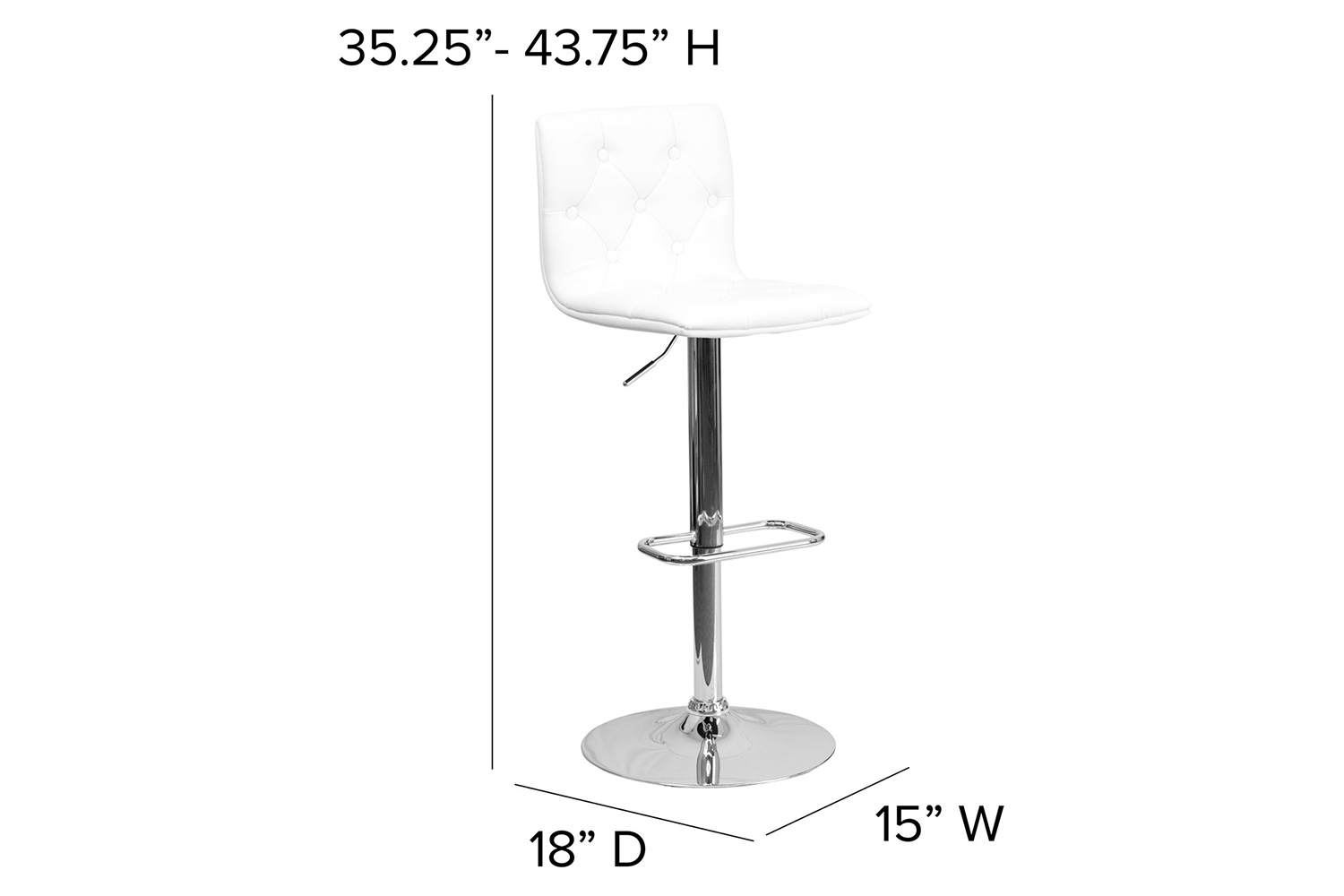 BLNK Sammie Vinyl Button Tufted Adjustable Height Bar Stool with Chrome Base - White