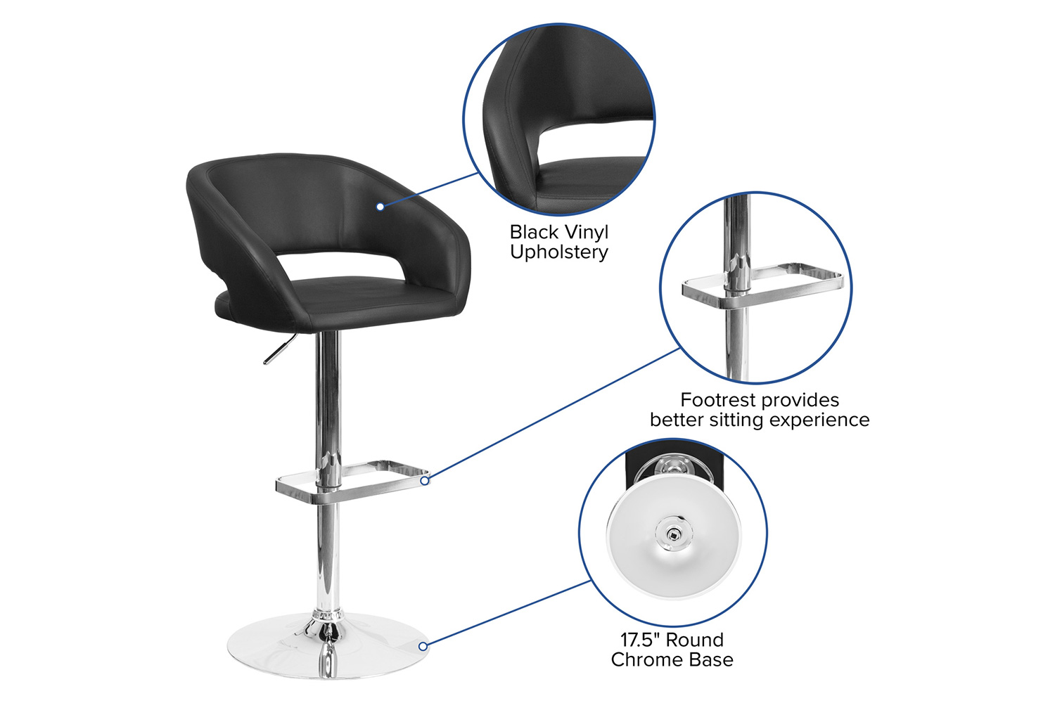 BLNK Erik Vinyl Adjustable Height Bar Stool with Rounded Mid-Back and Chrome Base - Black
