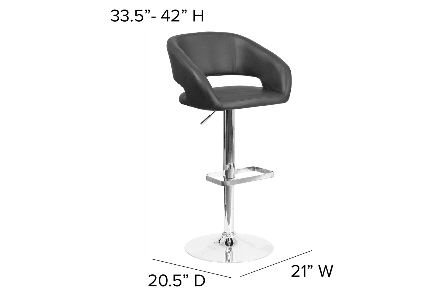 BLNK Erik Vinyl Adjustable Height Bar Stool with Rounded Mid-Back and Chrome Base - Black
