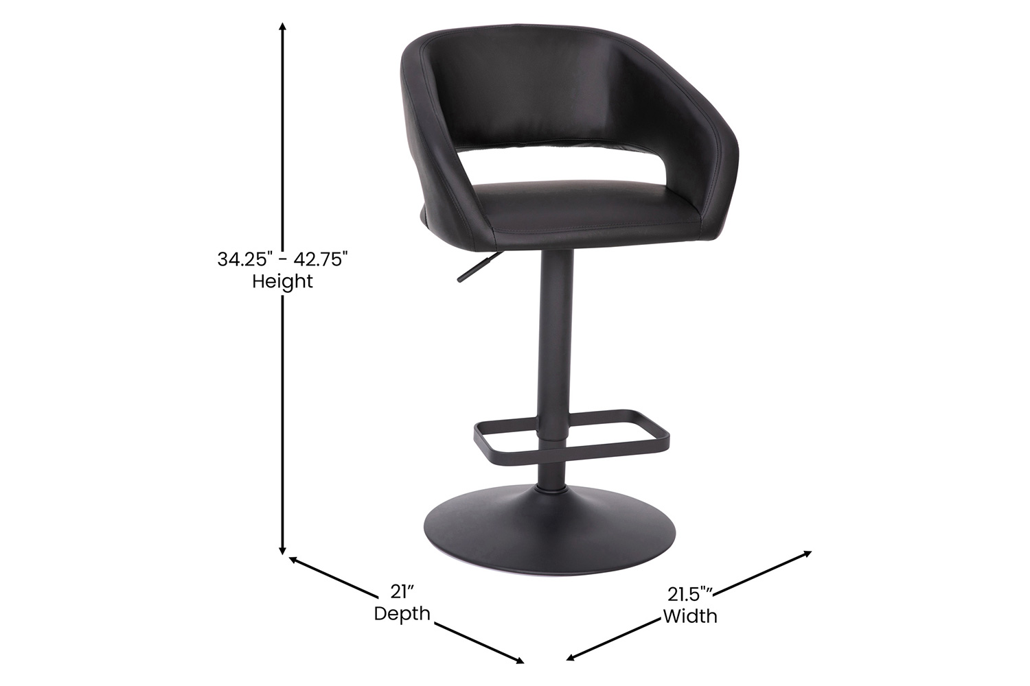 BLNK Erik Vinyl Adjustable Height Bar Stool with Rounded Mid-Back and Black Base - Black