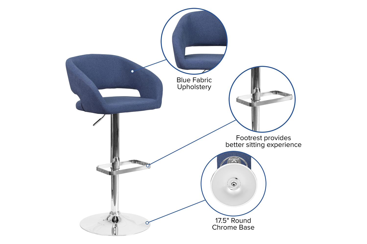 BLNK Erik Vinyl Adjustable Height Bar Stool with Rounded Mid-Back and Chrome Base - Blue
