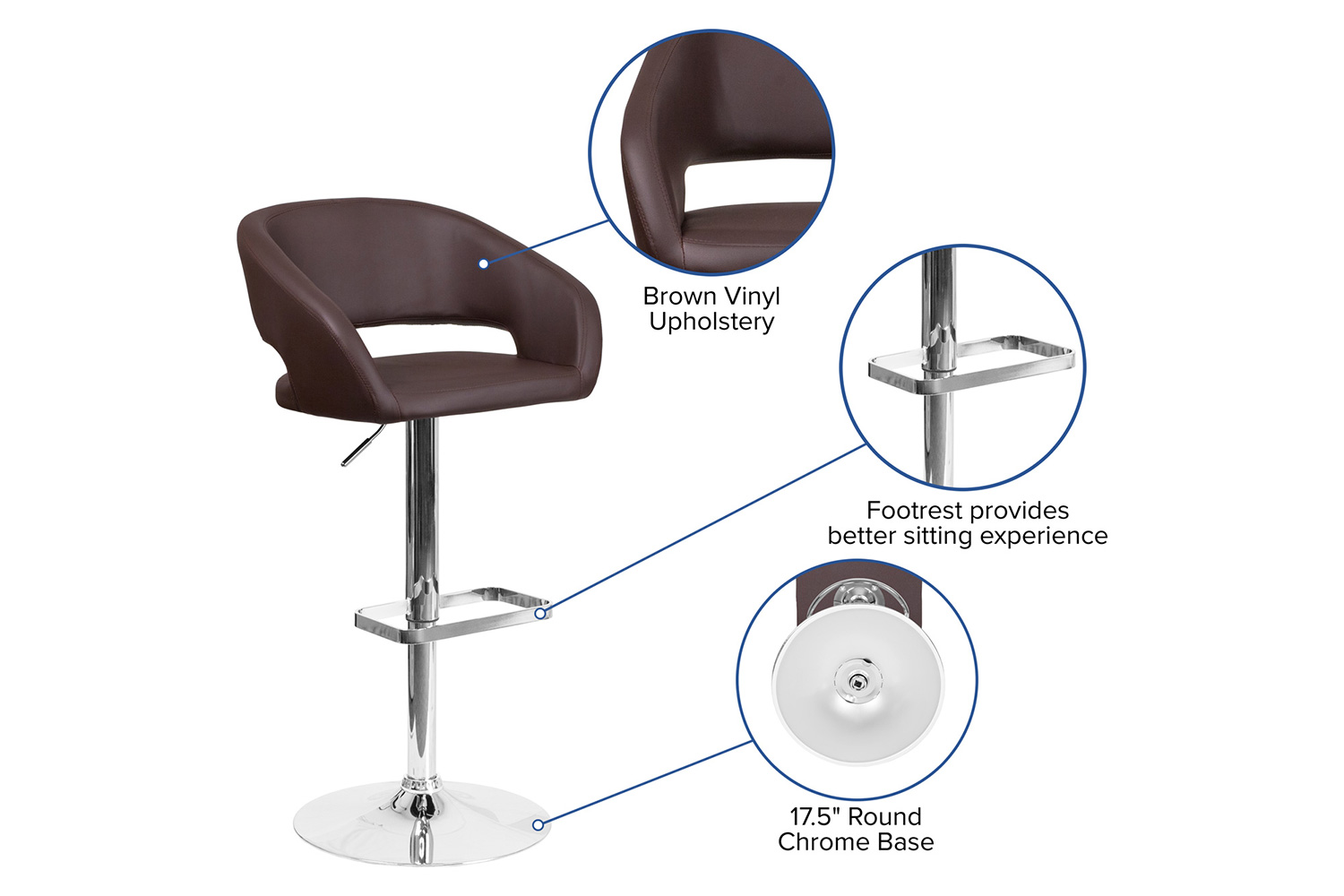 BLNK Erik Vinyl Adjustable Height Bar Stool with Rounded Mid-Back and Chrome Base - Brown