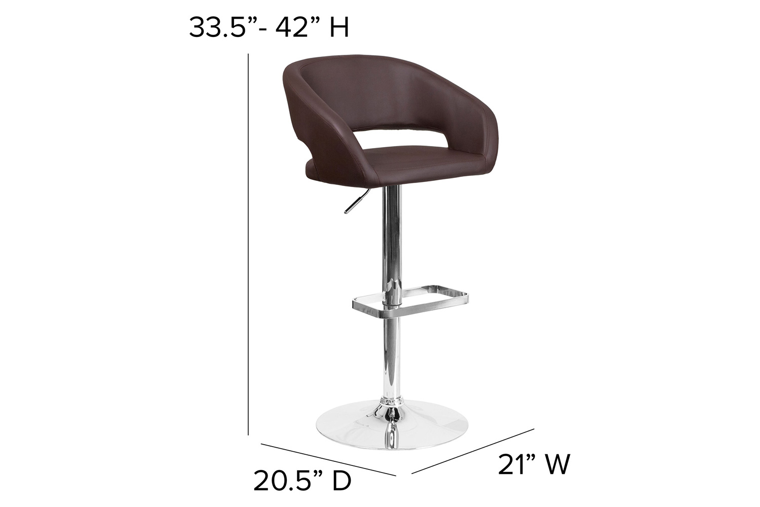 BLNK Erik Vinyl Adjustable Height Bar Stool with Rounded Mid-Back and Chrome Base - Brown