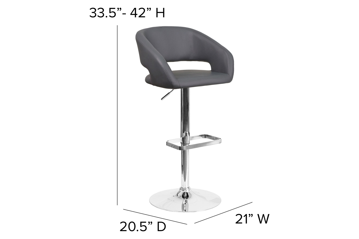 BLNK Erik Vinyl Adjustable Height Bar Stool with Rounded Mid-Back and Chrome Base - Gray