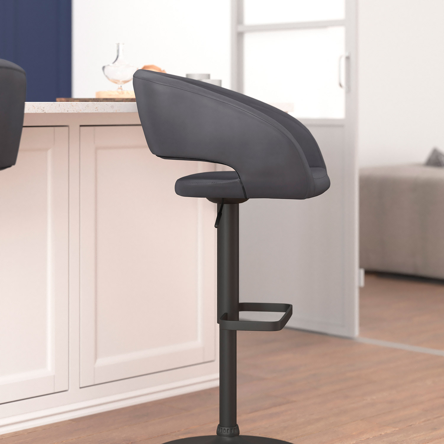 BLNK Erik Vinyl Adjustable Height Bar Stool with Rounded Mid-Back and Black Base - Gray