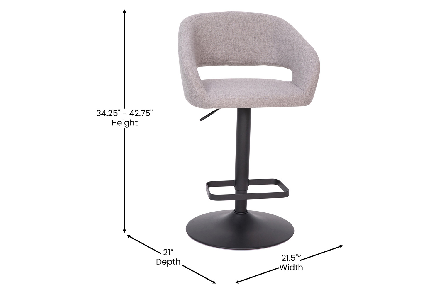 BLNK Erik Vinyl Adjustable Height Bar Stool with Rounded Mid-Back and Black Base - Gray