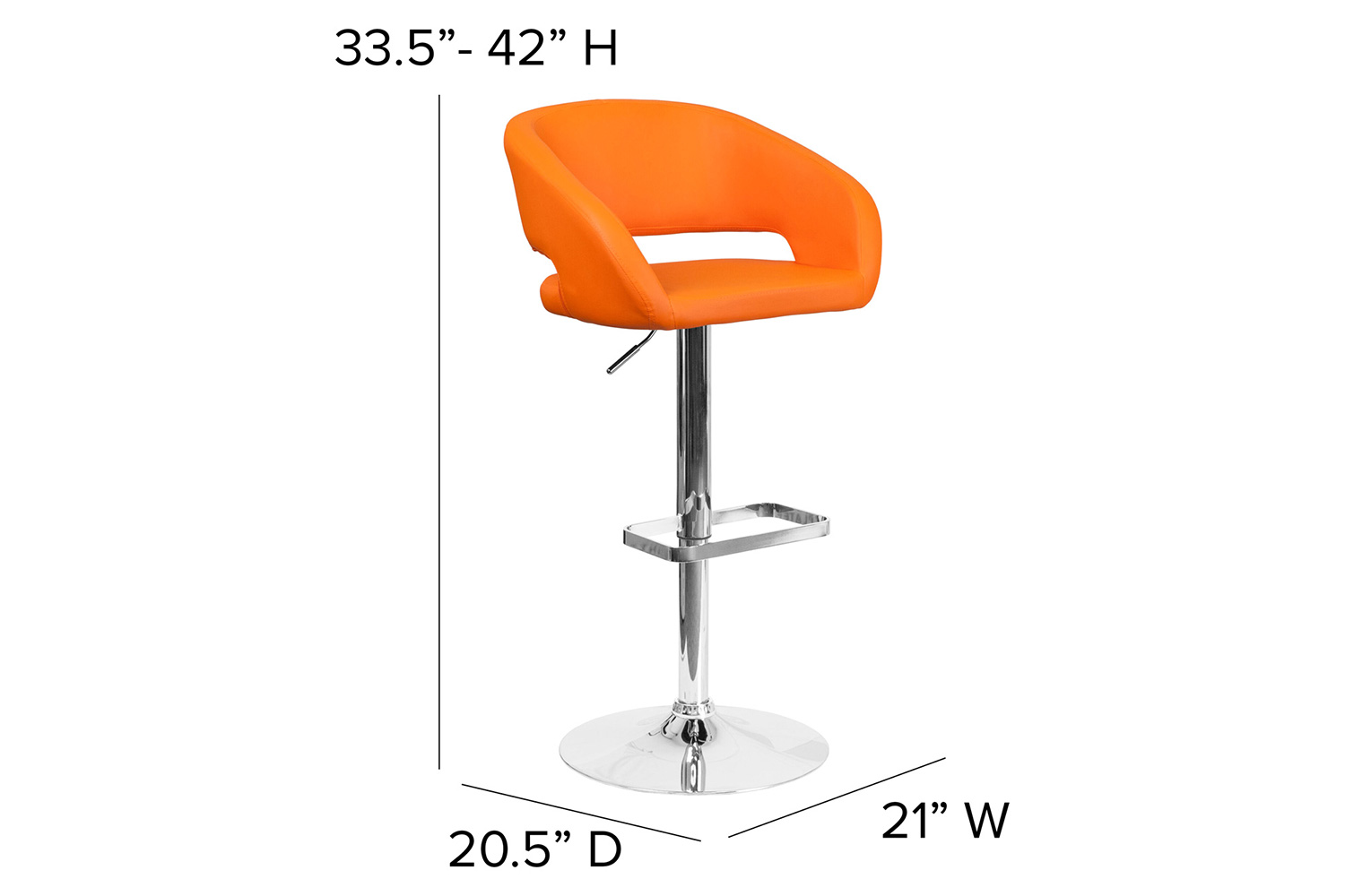 BLNK Erik Vinyl Adjustable Height Bar Stool with Rounded Mid-Back and Chrome Base - Orange