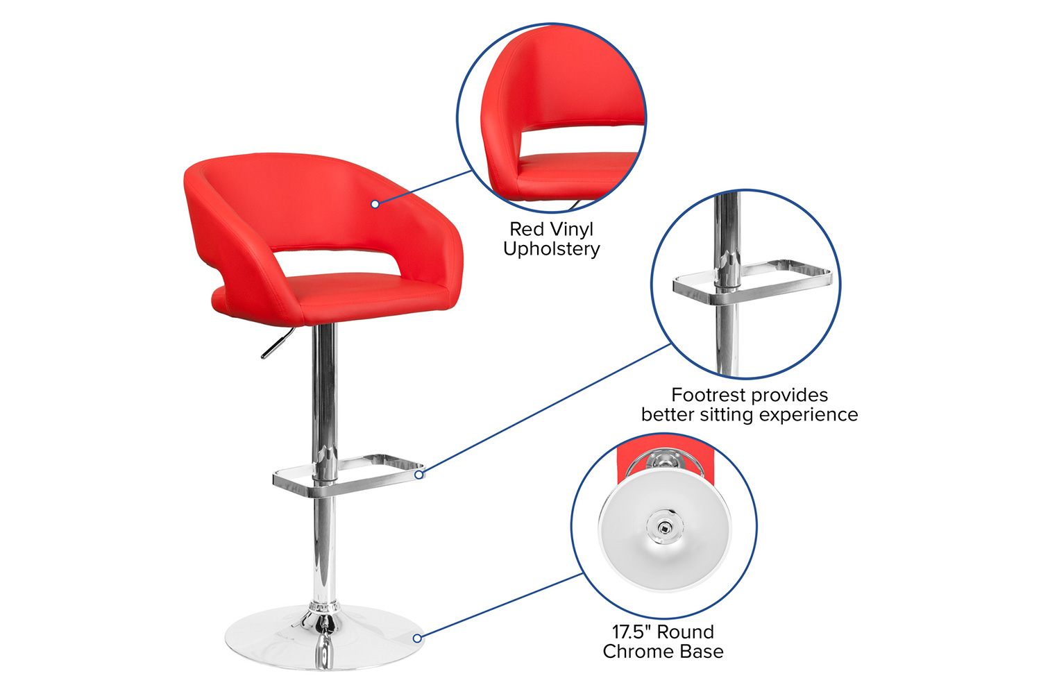 BLNK Erik Vinyl Adjustable Height Bar Stool with Rounded Mid-Back and Chrome Base - Red