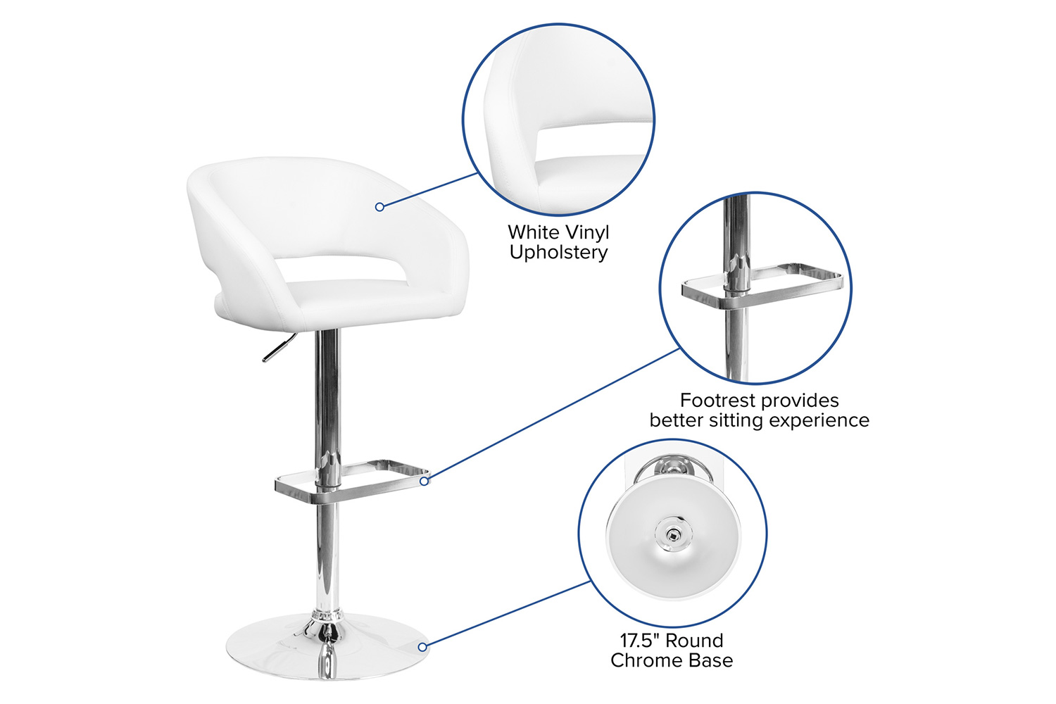 BLNK Erik Vinyl Adjustable Height Bar Stool with Rounded Mid-Back and Chrome Base - White