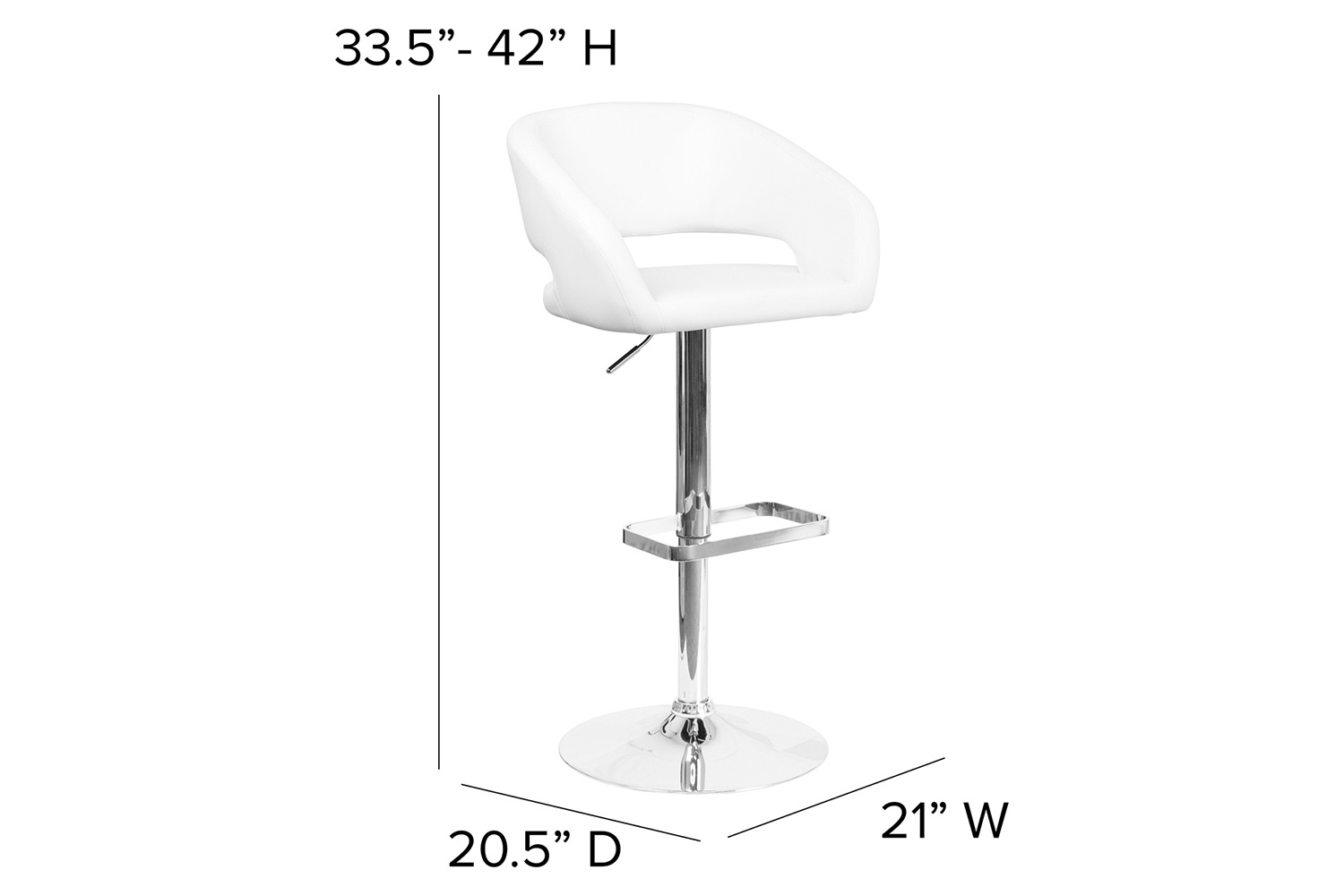 BLNK Erik Vinyl Adjustable Height Bar Stool with Rounded Mid-Back and Chrome Base - White