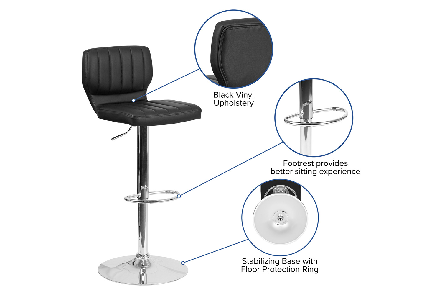 BLNK Jeremy Vinyl Adjustable Height Bar Stool with Vertical Stitch Back and Chrome Base - Black