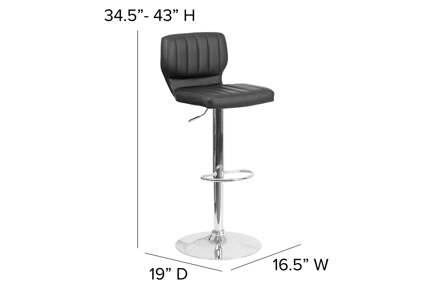 BLNK Jeremy Vinyl Adjustable Height Bar Stool with Vertical Stitch Back and Chrome Base - Black