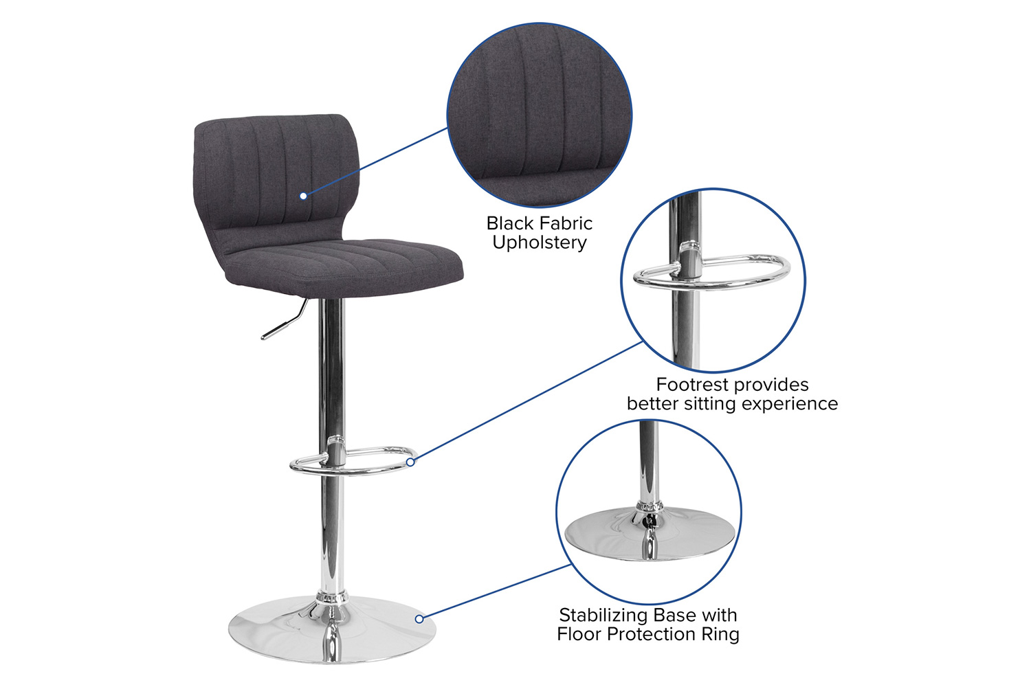 BLNK Jeremy Fabric Adjustable Height Bar Stool with Vertical Stitch Back and Chrome Base - Charcoal