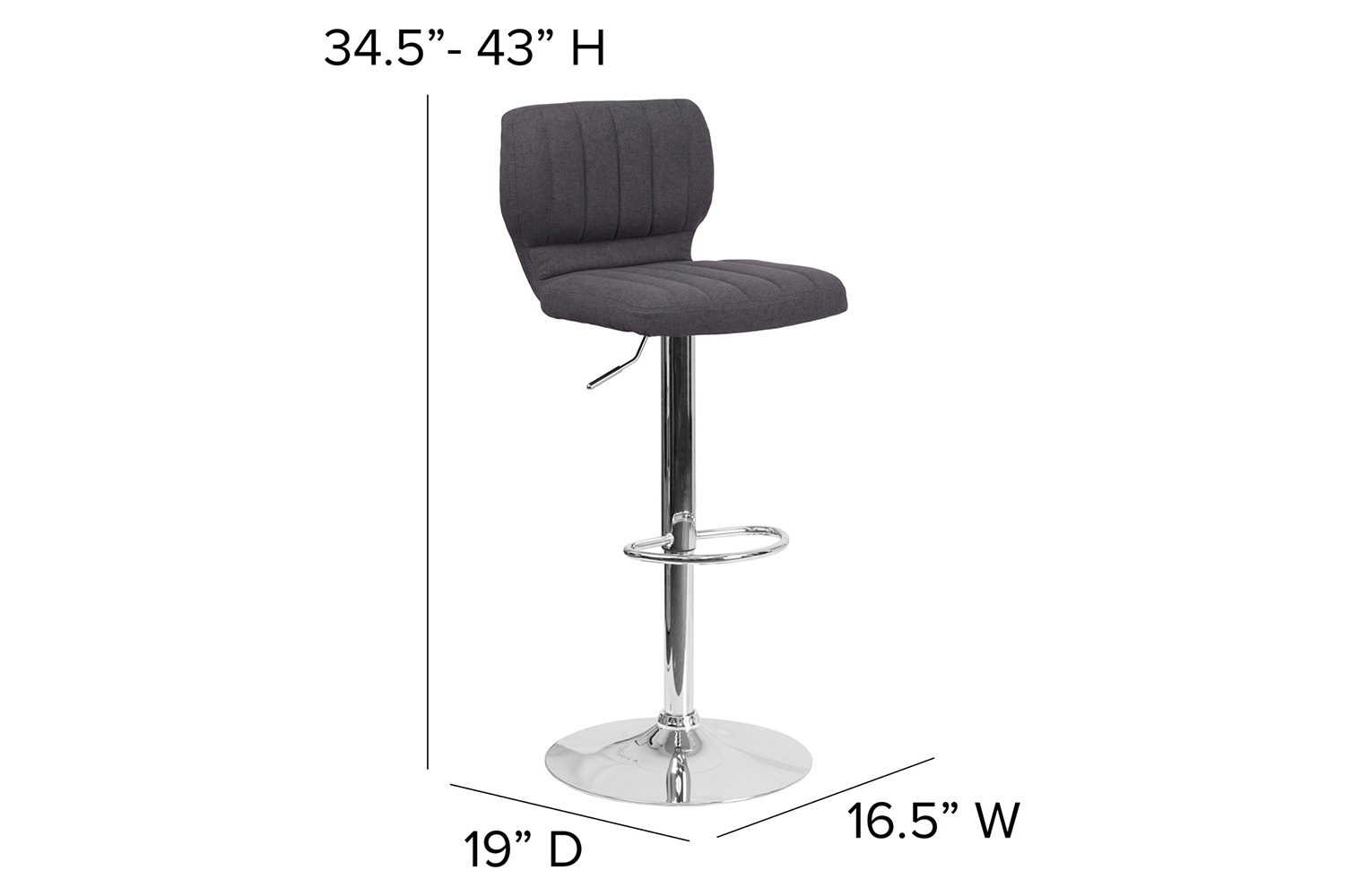 BLNK Jeremy Fabric Adjustable Height Bar Stool with Vertical Stitch Back and Chrome Base - Charcoal