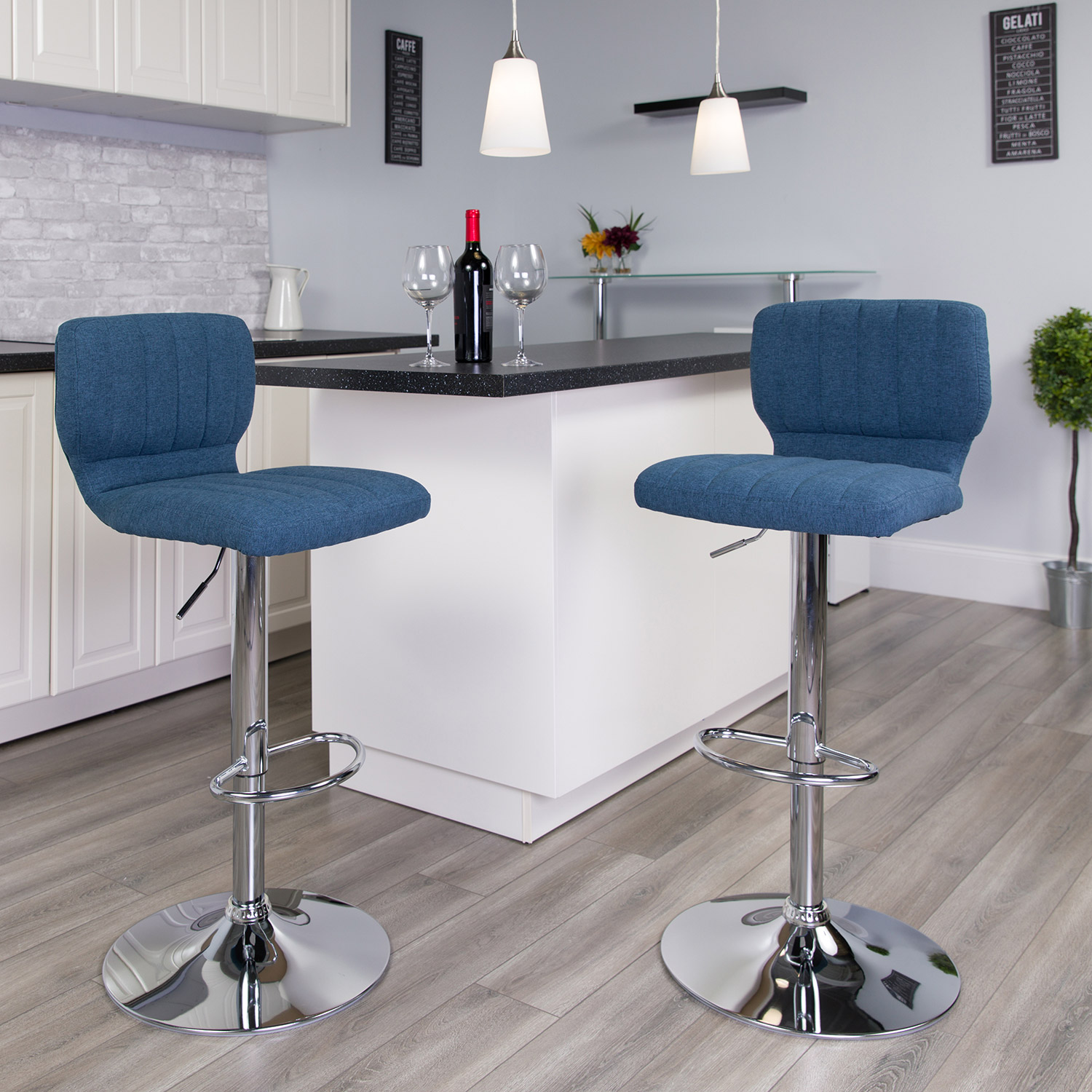 BLNK - Jeremy Fabric Adjustable Height Bar Stool with Vertical Stitch Back and Chrome Base