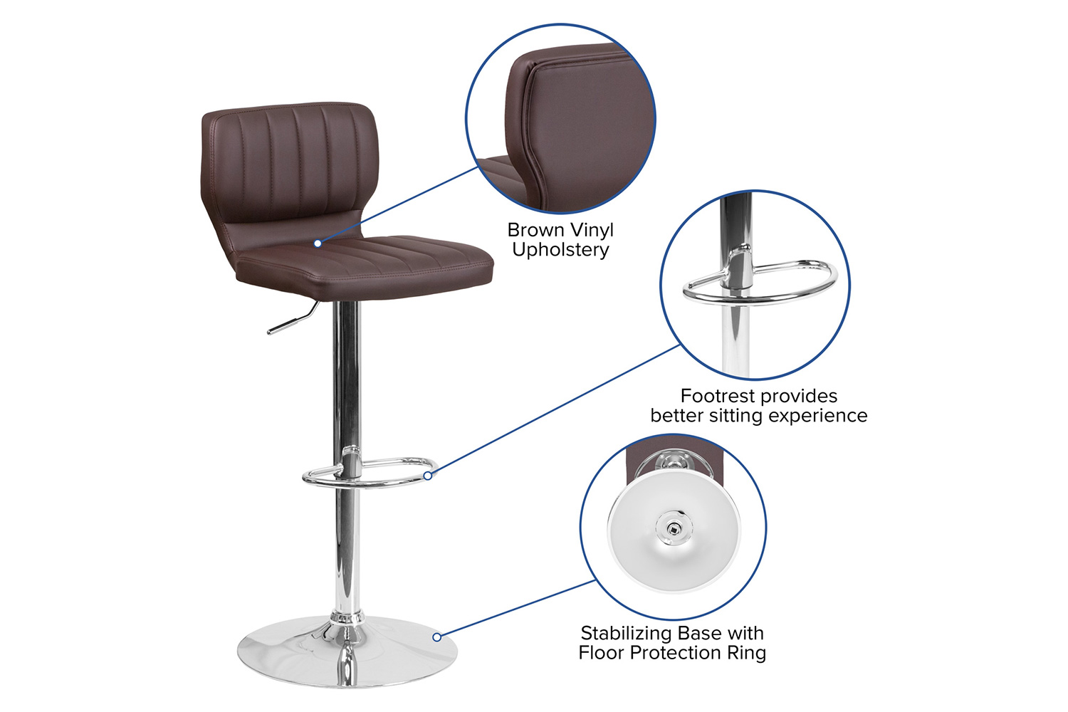 BLNK Jeremy Vinyl Adjustable Height Bar Stool with Vertical Stitch Back and Chrome Base - Brown