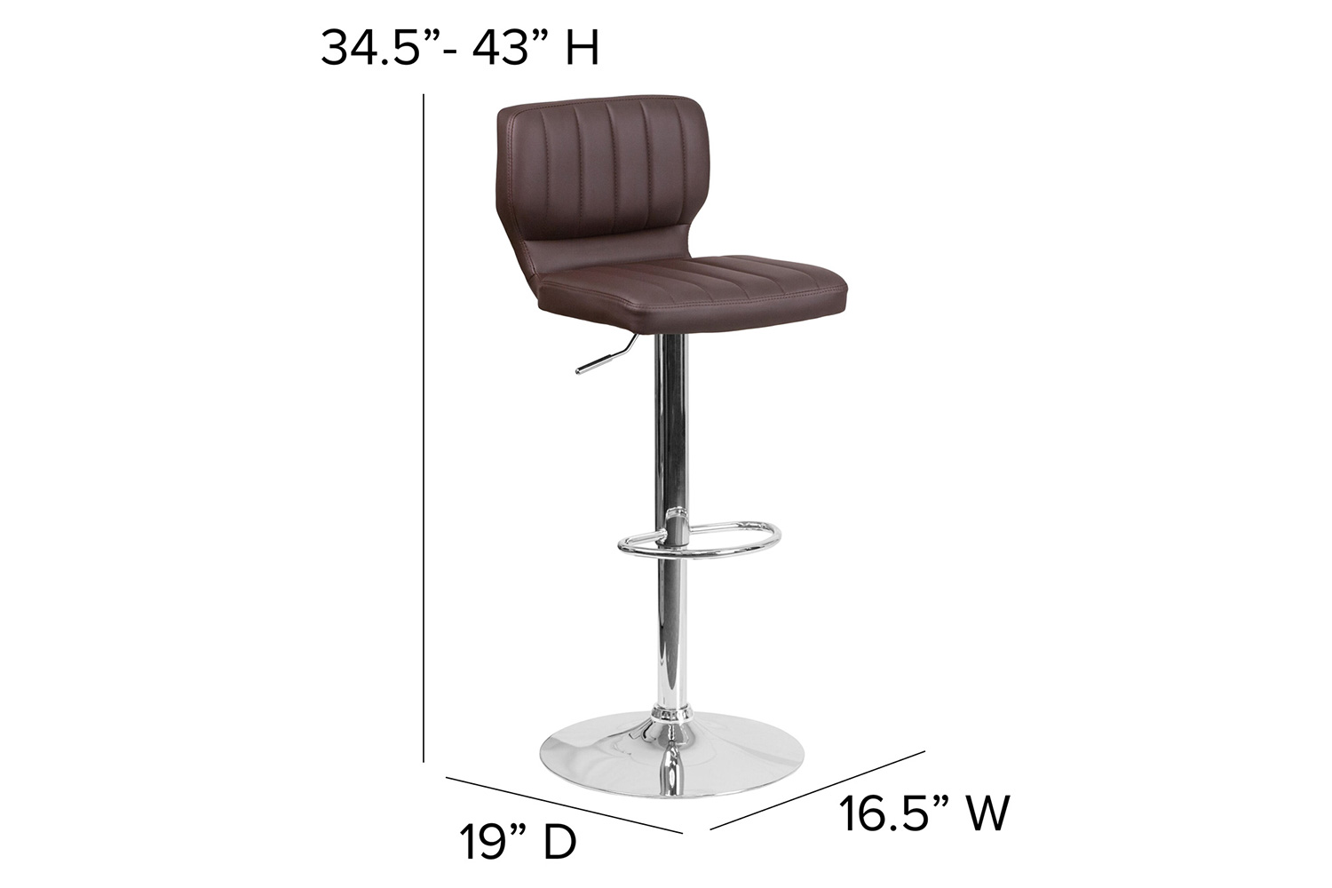 BLNK Jeremy Vinyl Adjustable Height Bar Stool with Vertical Stitch Back and Chrome Base - Brown