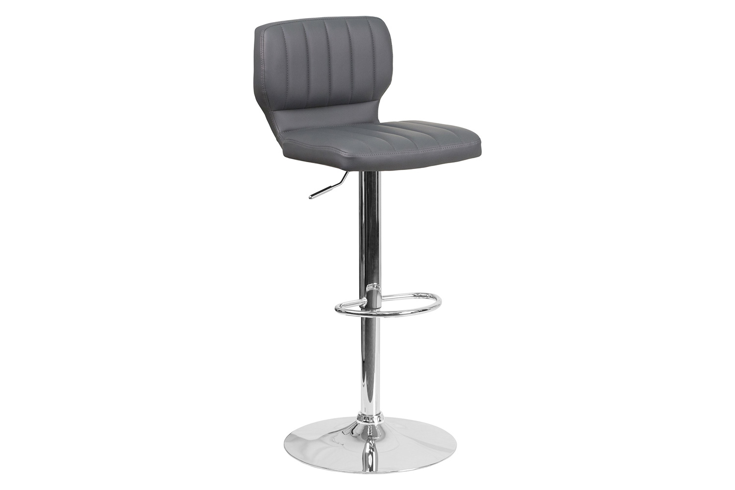 BLNK Jeremy Vinyl Adjustable Height Bar Stool with Vertical Stitch Back and Chrome Base - Gray