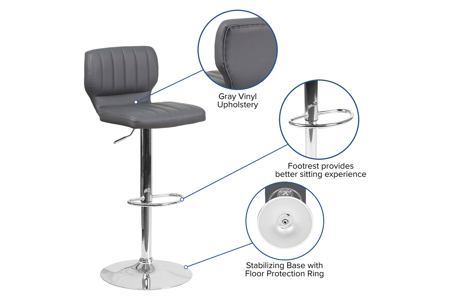 BLNK Jeremy Vinyl Adjustable Height Bar Stool with Vertical Stitch Back and Chrome Base - Gray