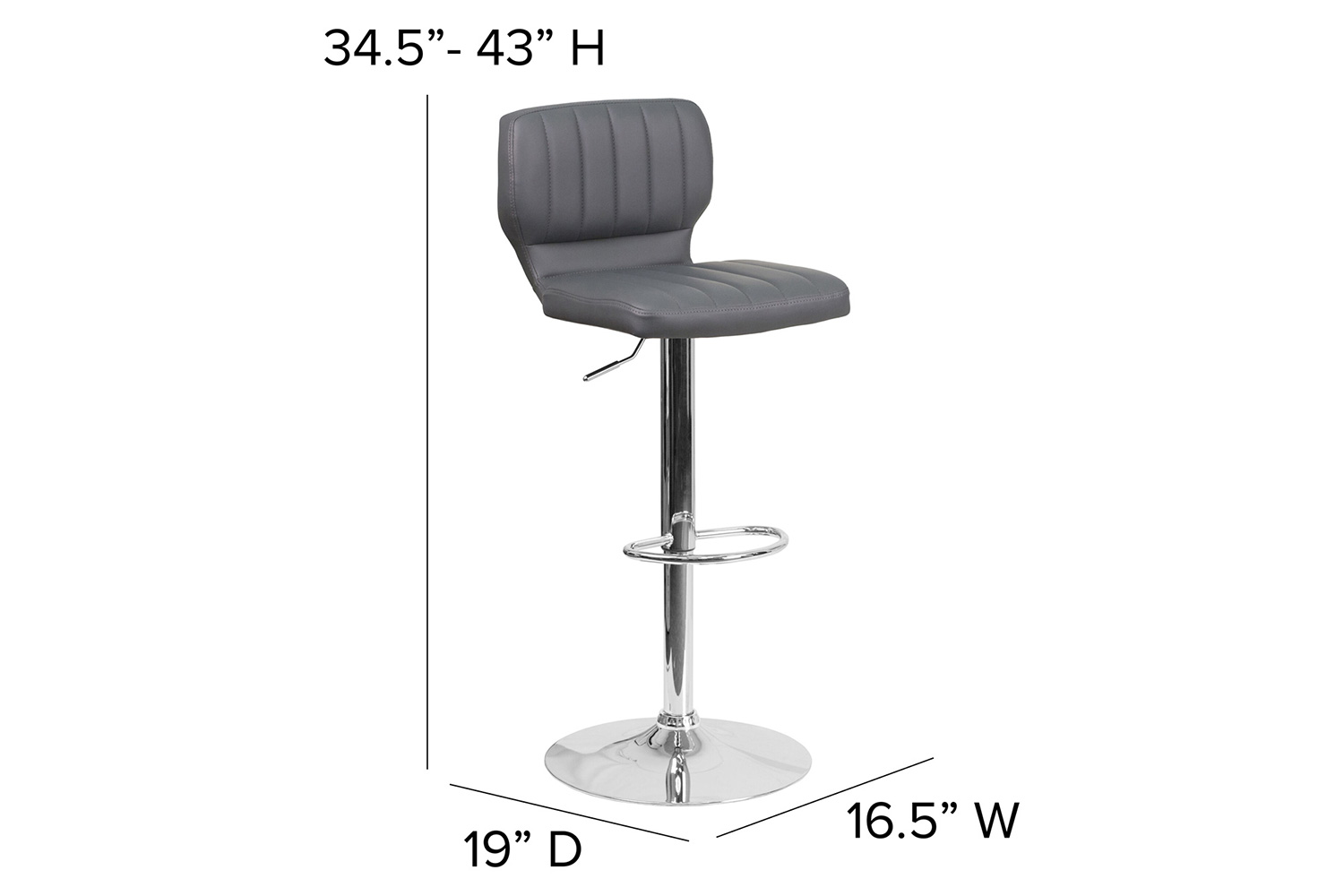 BLNK Jeremy Vinyl Adjustable Height Bar Stool with Vertical Stitch Back and Chrome Base - Gray