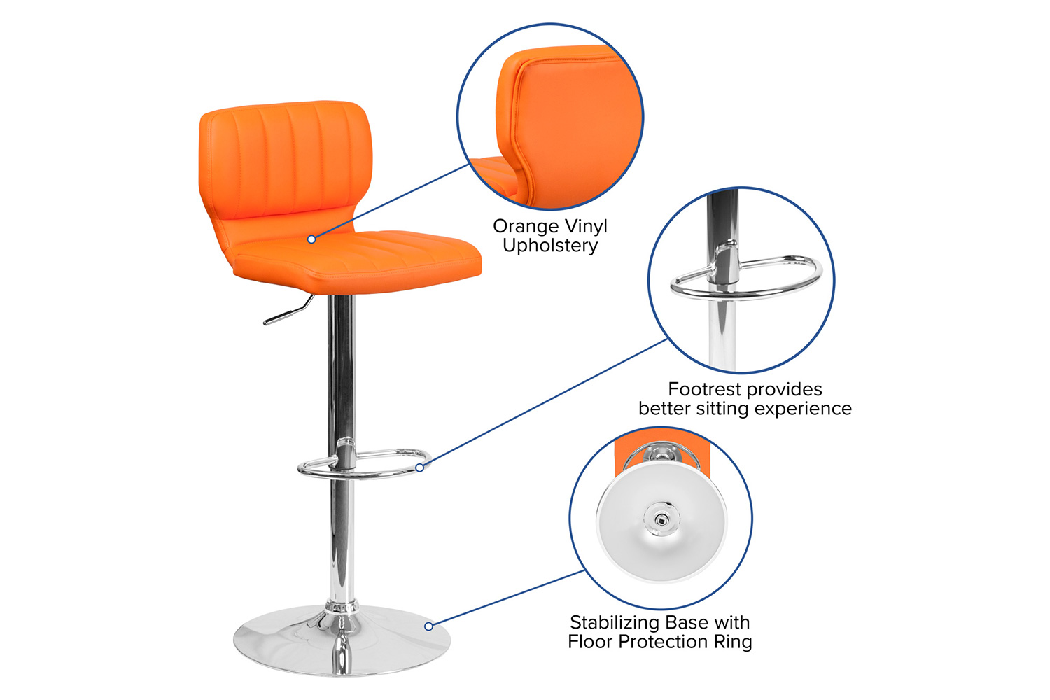 BLNK Jeremy Vinyl Adjustable Height Bar Stool with Vertical Stitch Back and Chrome Base - Orange