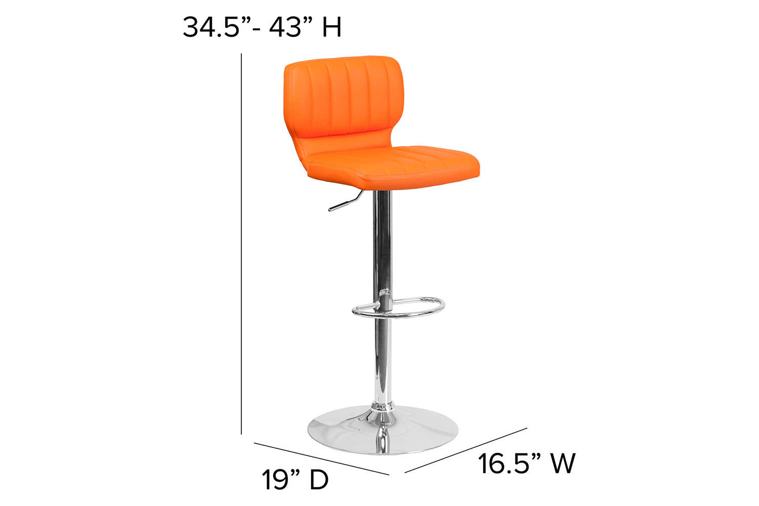 BLNK Jeremy Vinyl Adjustable Height Bar Stool with Vertical Stitch Back and Chrome Base - Orange