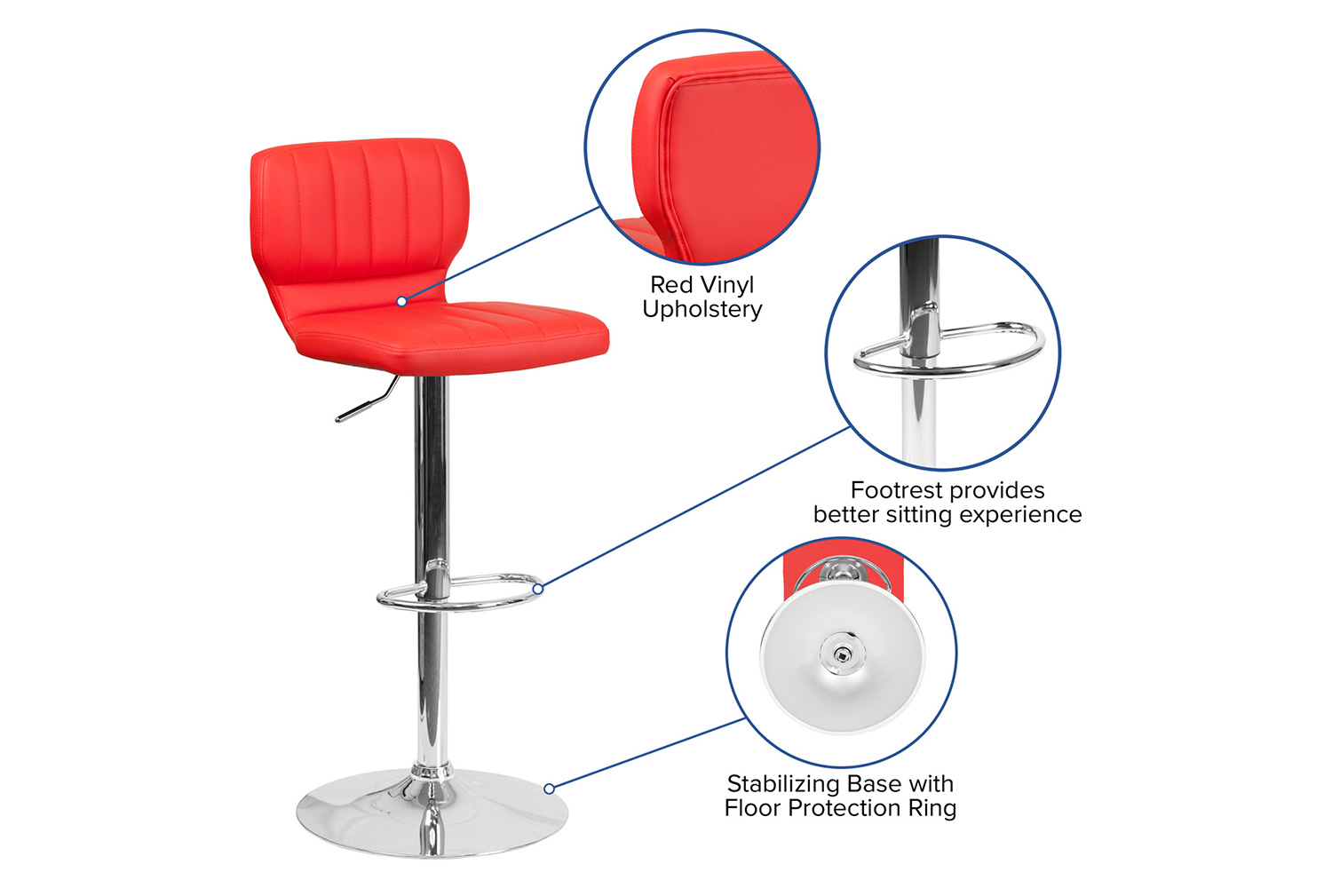 BLNK Jeremy Vinyl Adjustable Height Bar Stool with Vertical Stitch Back and Chrome Base - Red