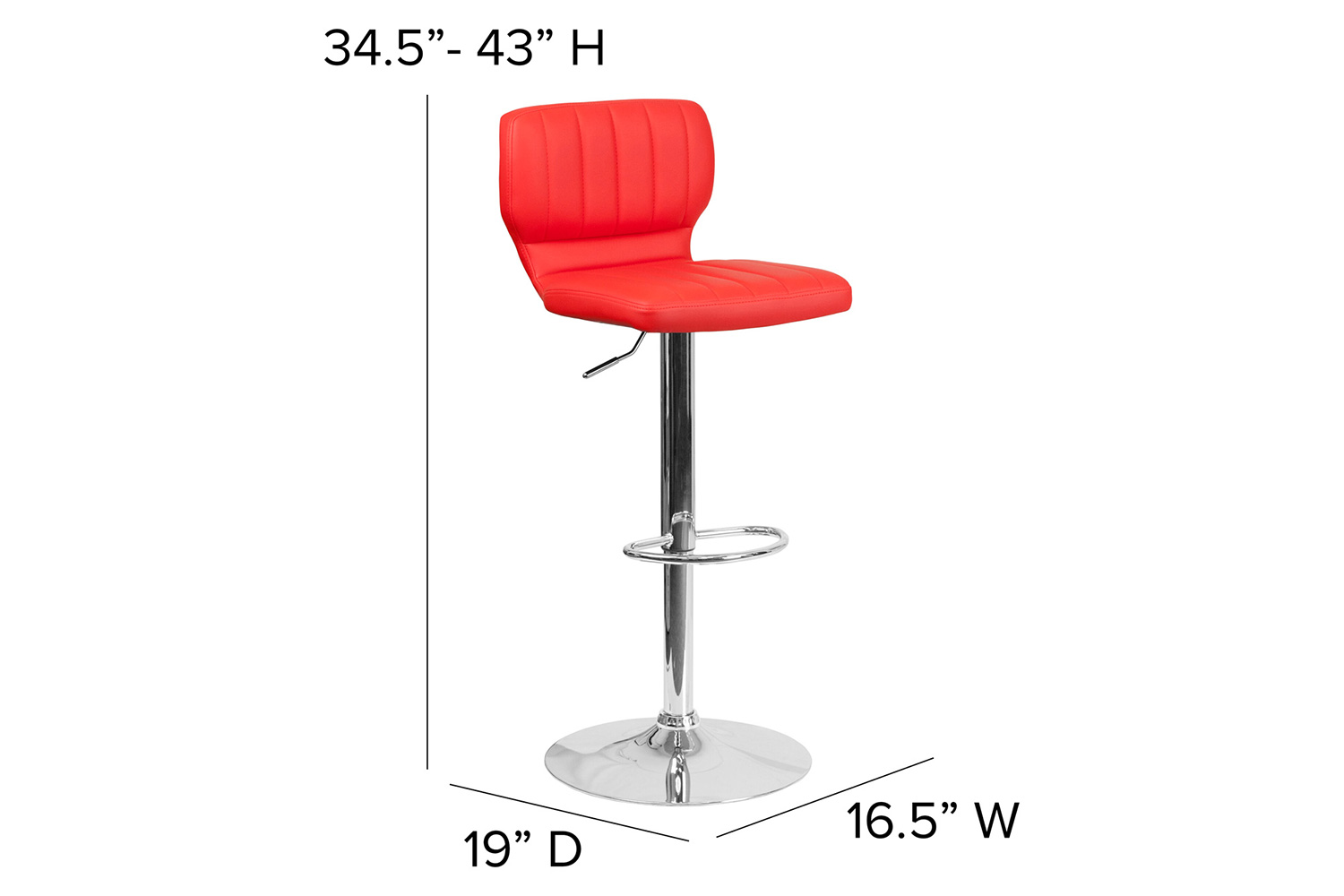 BLNK Jeremy Vinyl Adjustable Height Bar Stool with Vertical Stitch Back and Chrome Base - Red