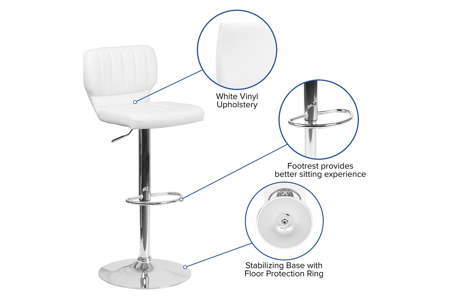 BLNK Jeremy Vinyl Adjustable Height Bar Stool with Vertical Stitch Back and Chrome Base - White