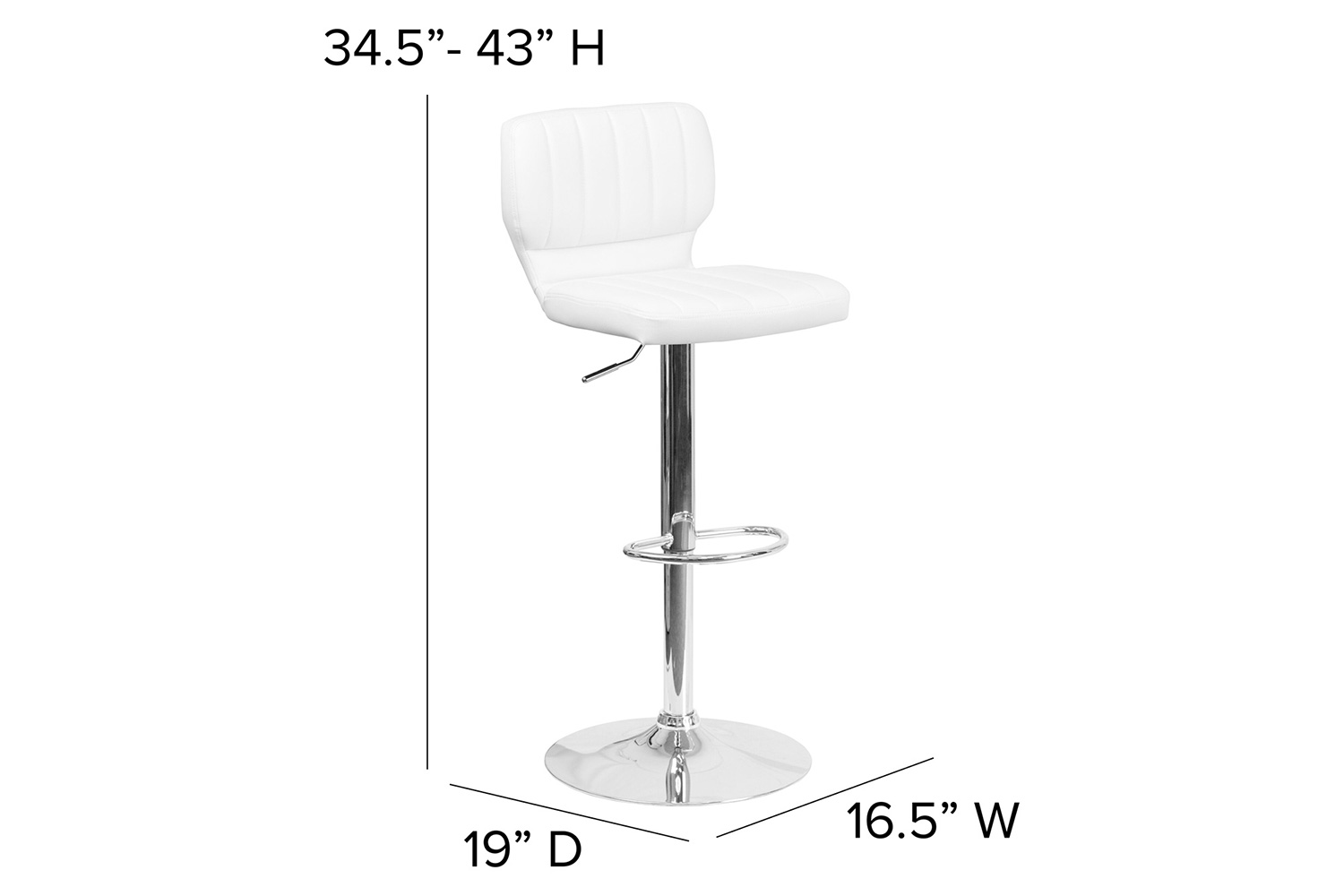 BLNK Jeremy Vinyl Adjustable Height Bar Stool with Vertical Stitch Back and Chrome Base - White