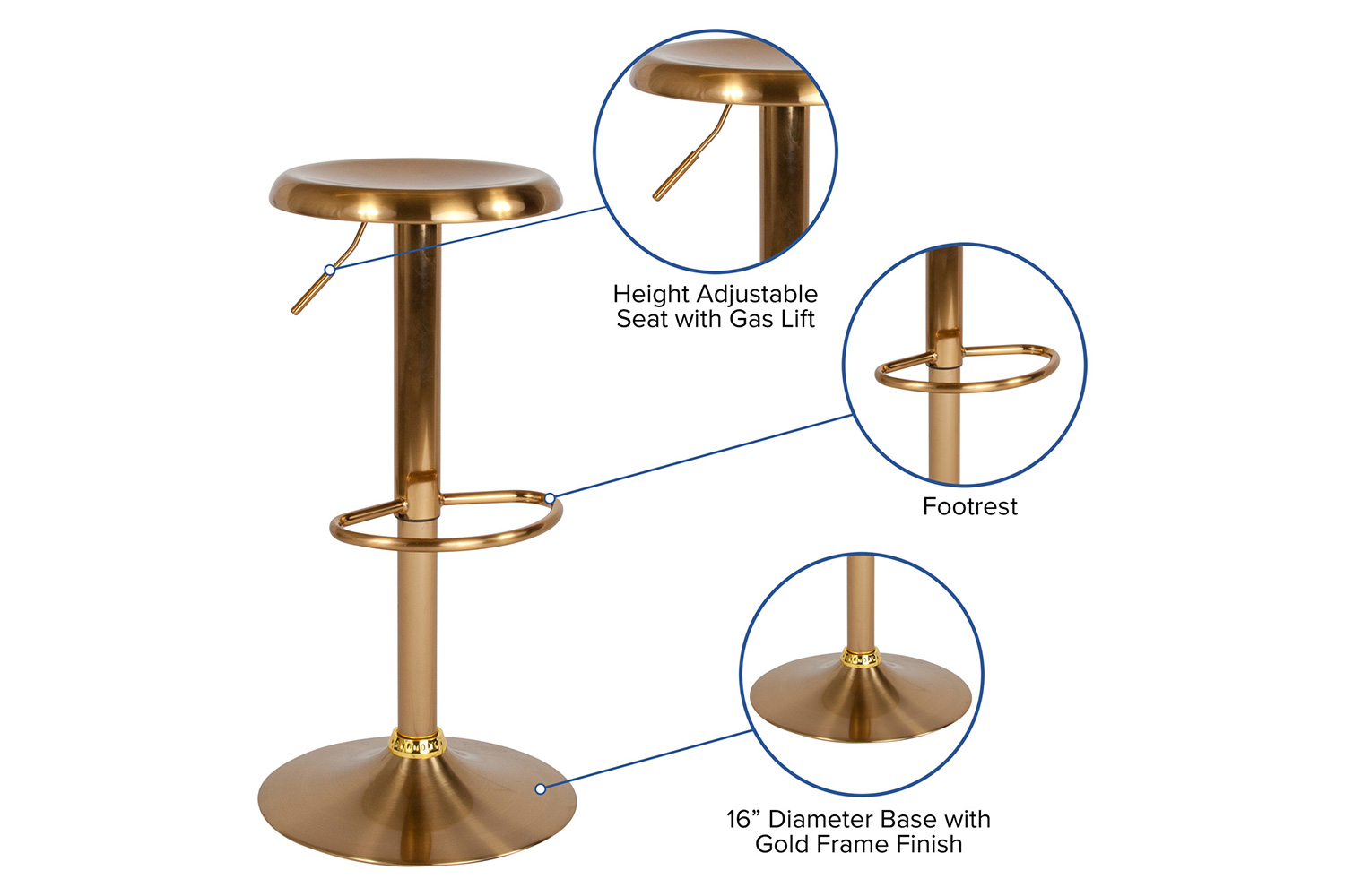 BLNK Madrid Series Adjustable Height Retro Bar Stool - Gold