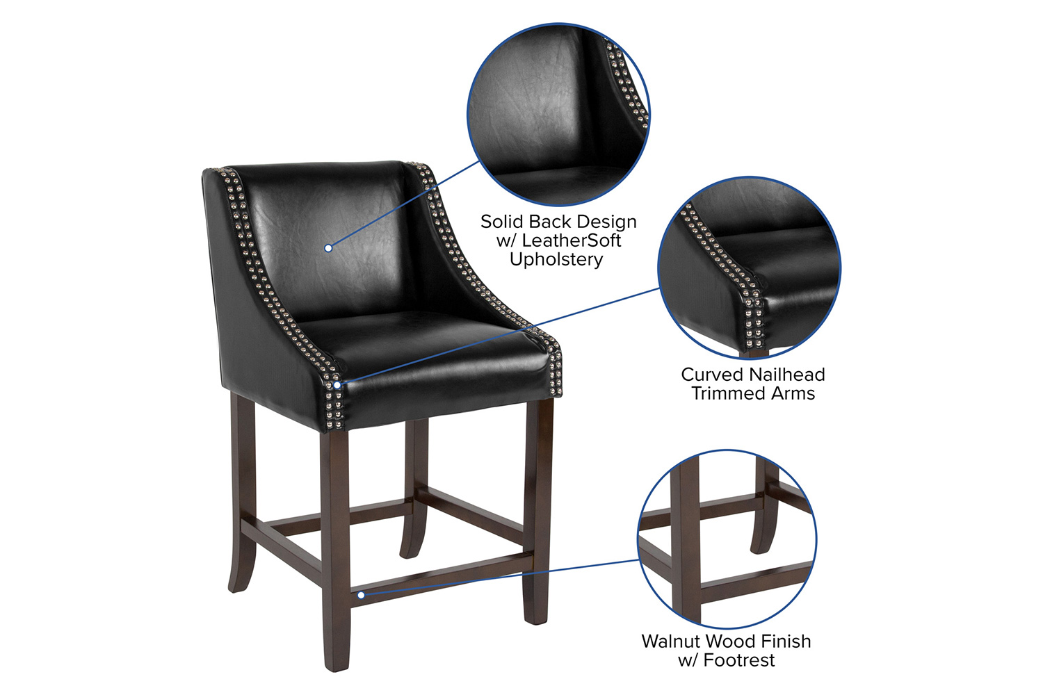 BLNK Carmel Series LeatherSoft Transitional Walnut Counter Height Stool with Nail Trim - Black