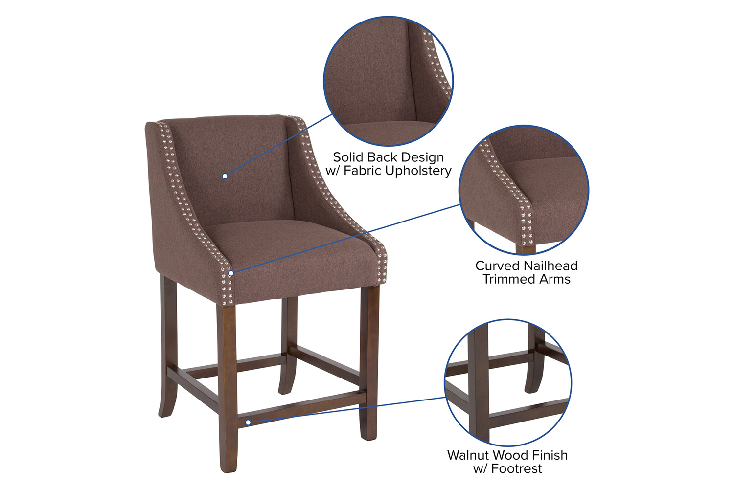 BLNK Carmel Series Fabric Transitional Walnut Counter Height Stool with Accent Nail Trim - Brown